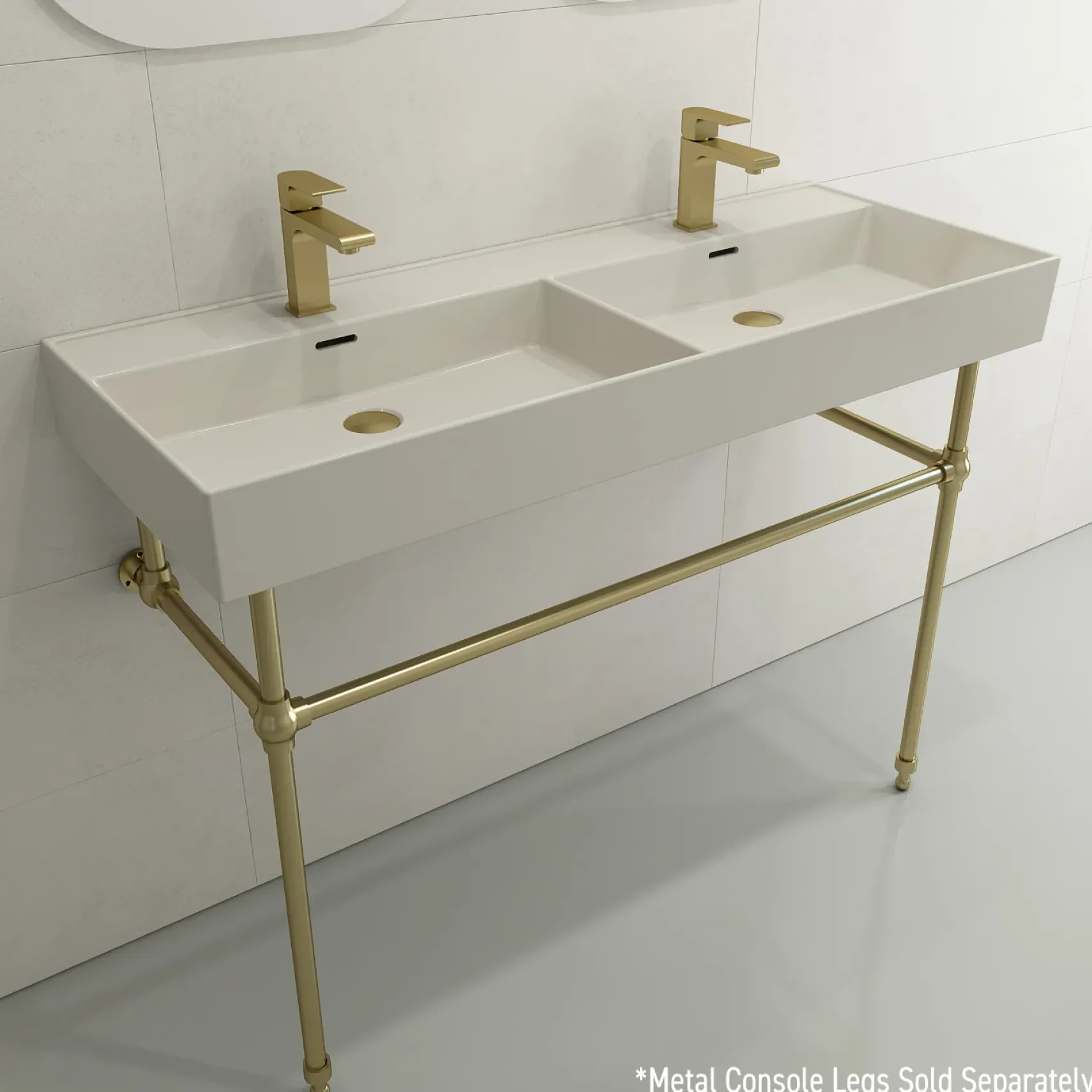 BOCCHI Milano 48" Rectangle Wallmount Fireclay Bathroom Sink, Double Basin, Biscuit, Single Faucet Hole, 1393-014-0132