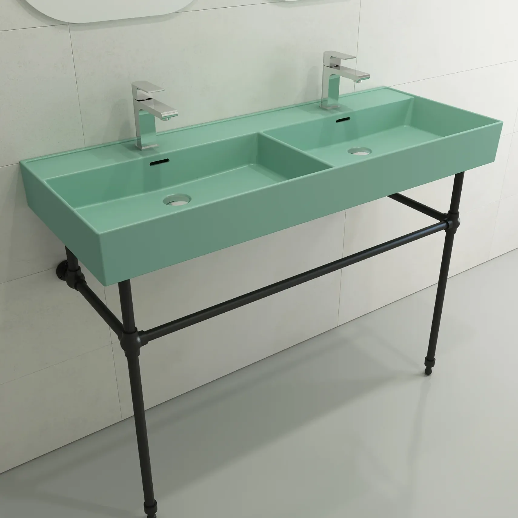 BOCCHI Milano 48" Rectangle Wallmount Fireclay Bathroom Sink, Double Basin, Matte Mint Green, Single Faucet Hole, 1393-033-0132
