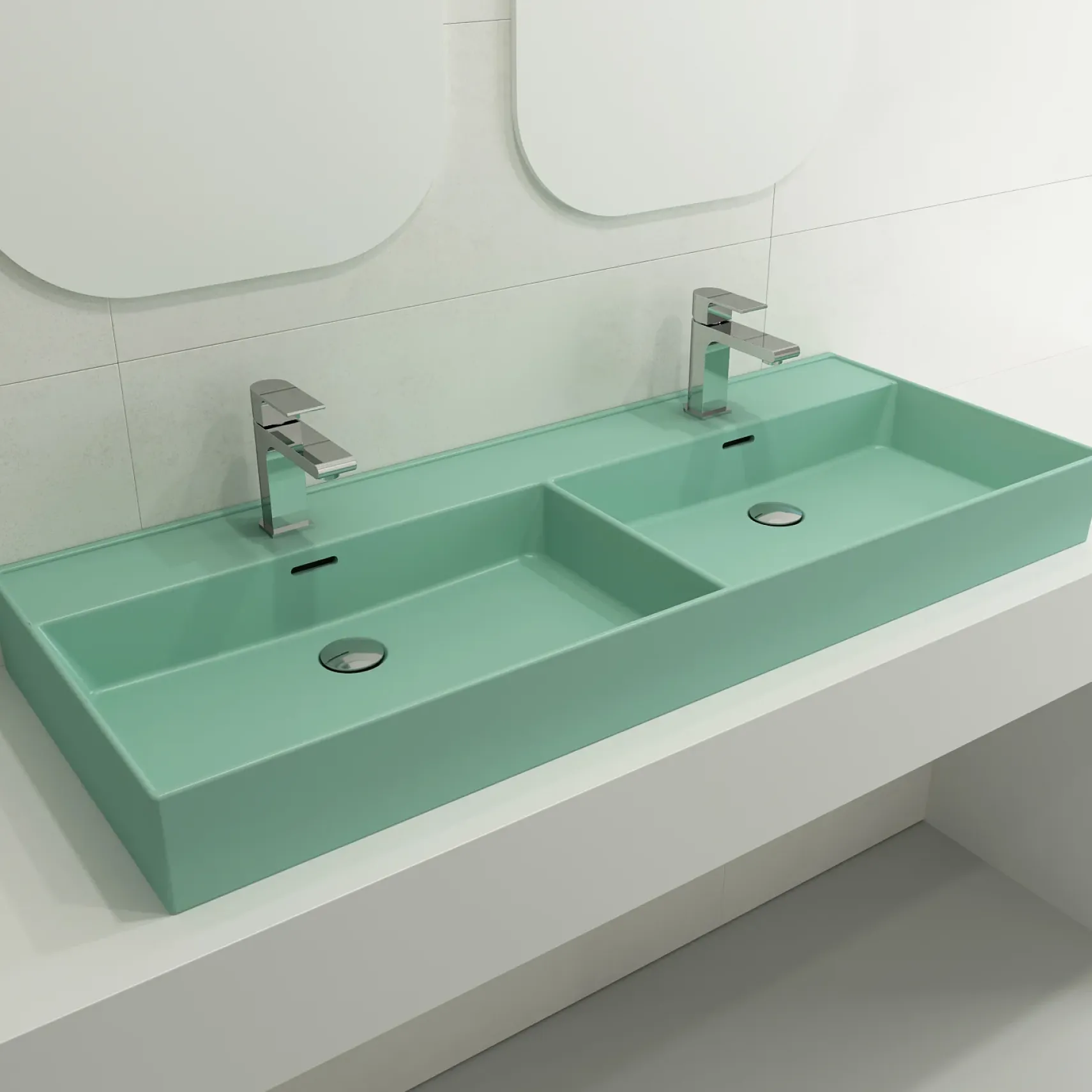 BOCCHI Milano 48" Rectangle Wallmount Fireclay Bathroom Sink, Double Basin, Matte Mint Green, Single Faucet Hole, 1393-033-0132