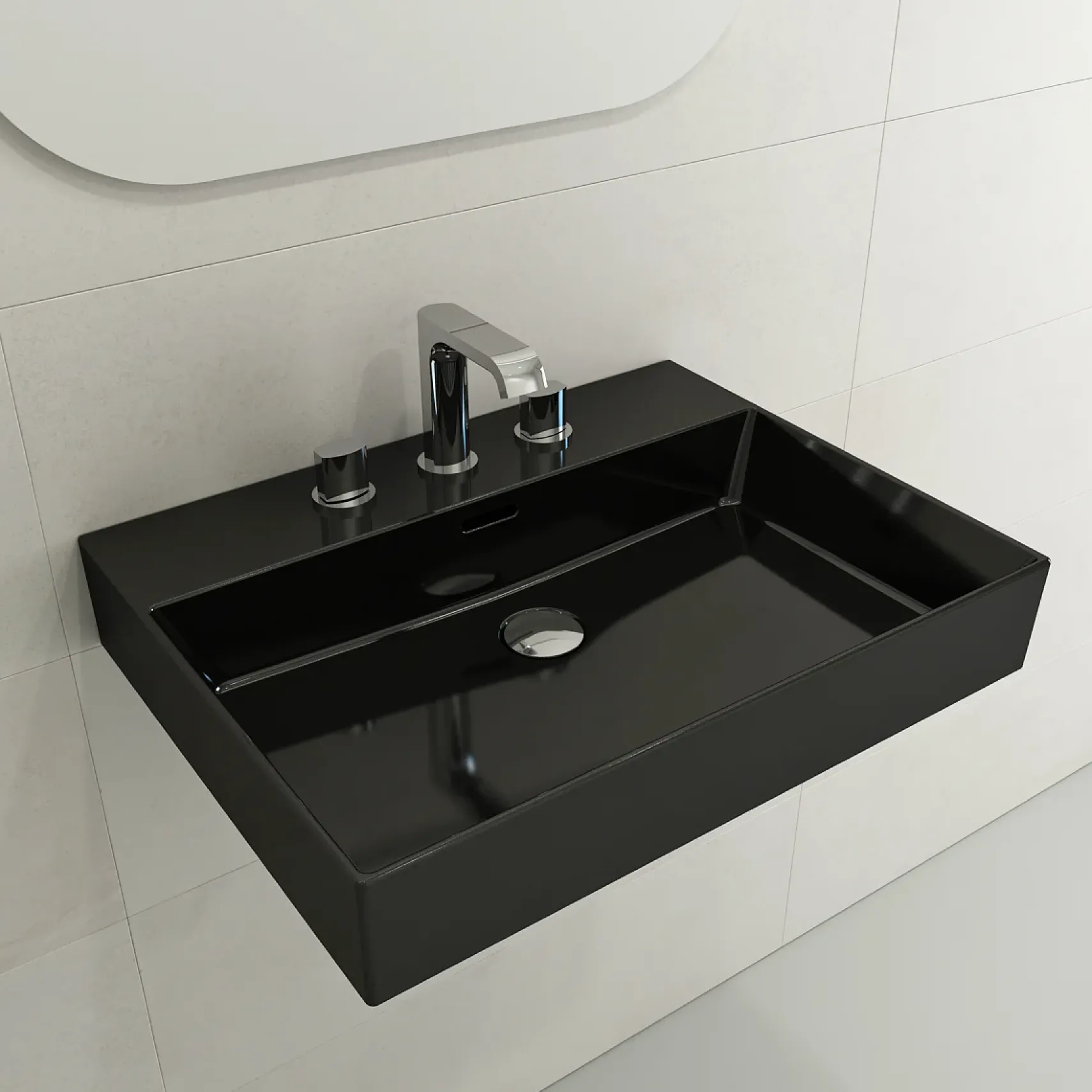BOCCHI Milano 24" Rectangle Wallmount Fireclay Bathroom Sink, Black, 3 Faucet Hole, 1376-005-0127