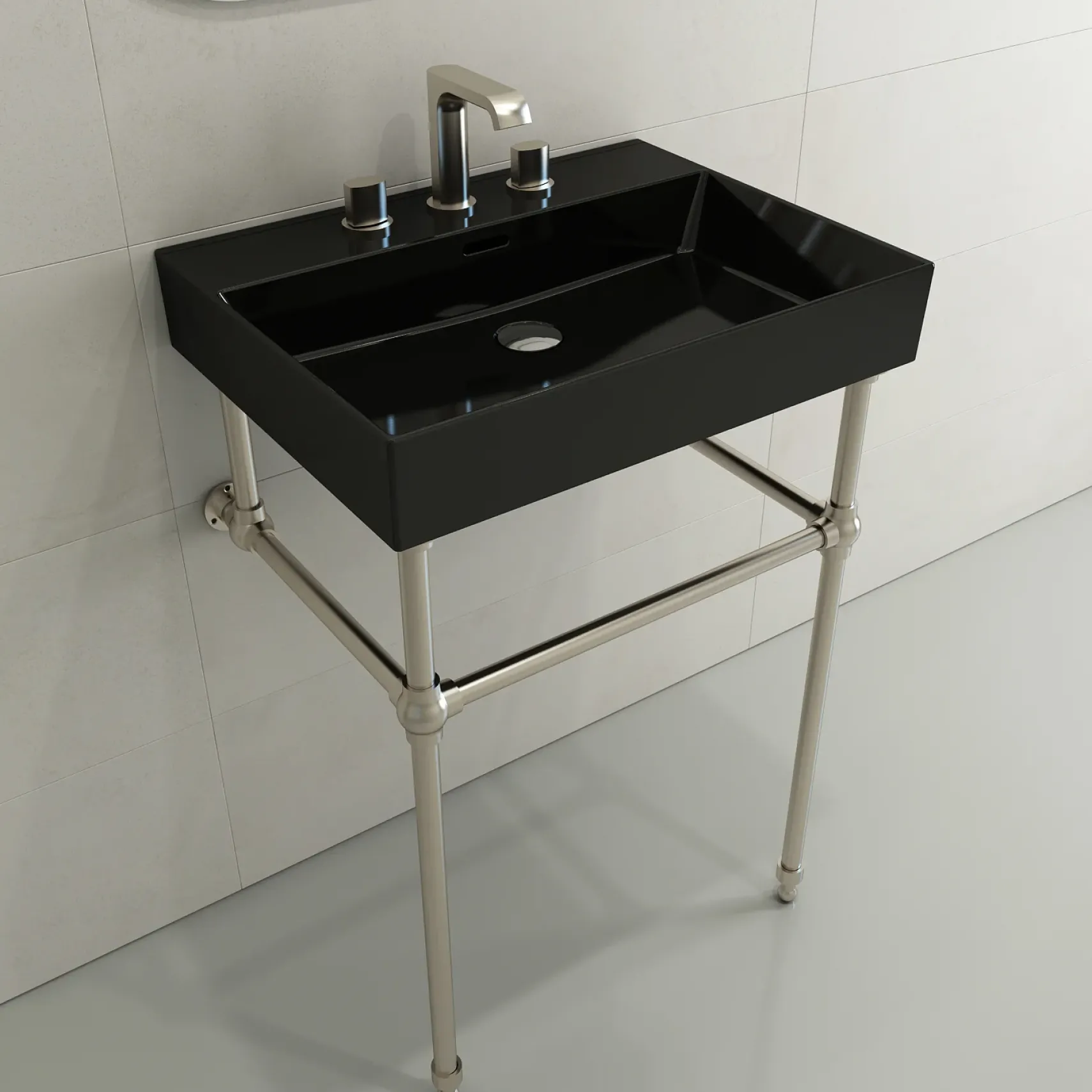 BOCCHI Milano 24" Rectangle Wallmount Fireclay Bathroom Sink, Black, 3 Faucet Hole, 1376-005-0127
