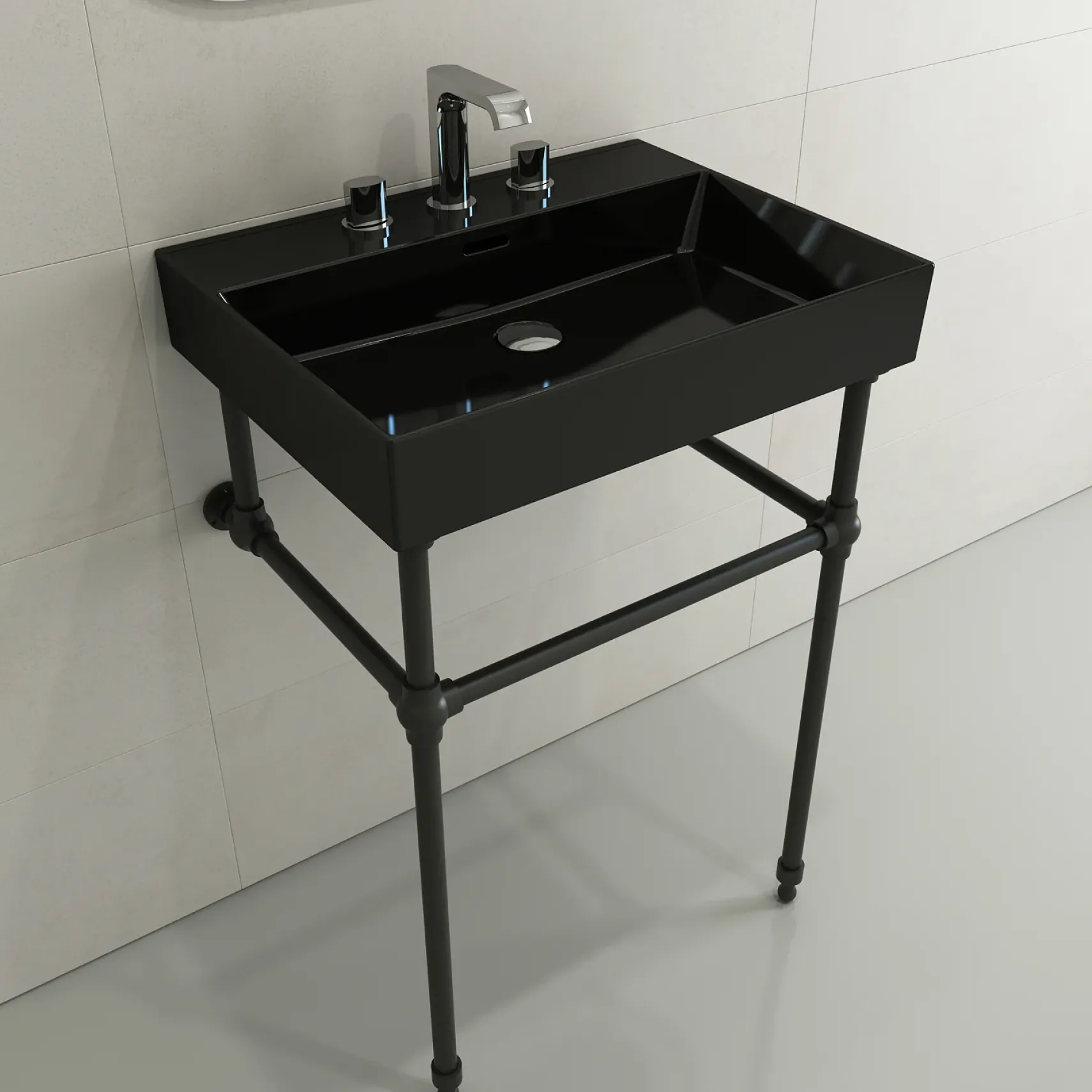 BOCCHI Milano 24" Rectangle Wallmount Fireclay Bathroom Sink, Black, 3 Faucet Hole, 1376-005-0127