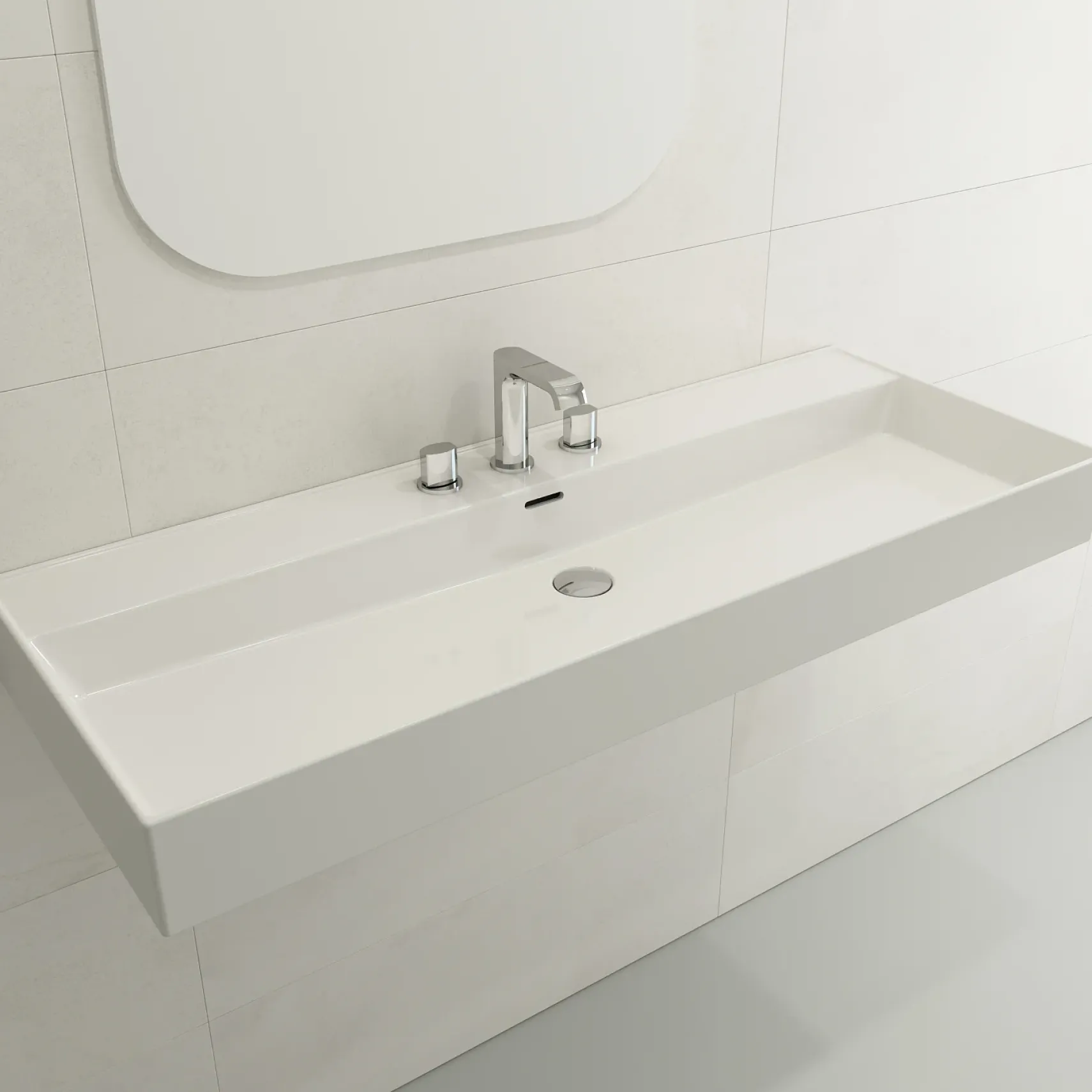 BOCCHI Milano 48" Rectangle Wallmount Fireclay Bathroom Sink, White, 3 Faucet Hole, 1394-001-0127