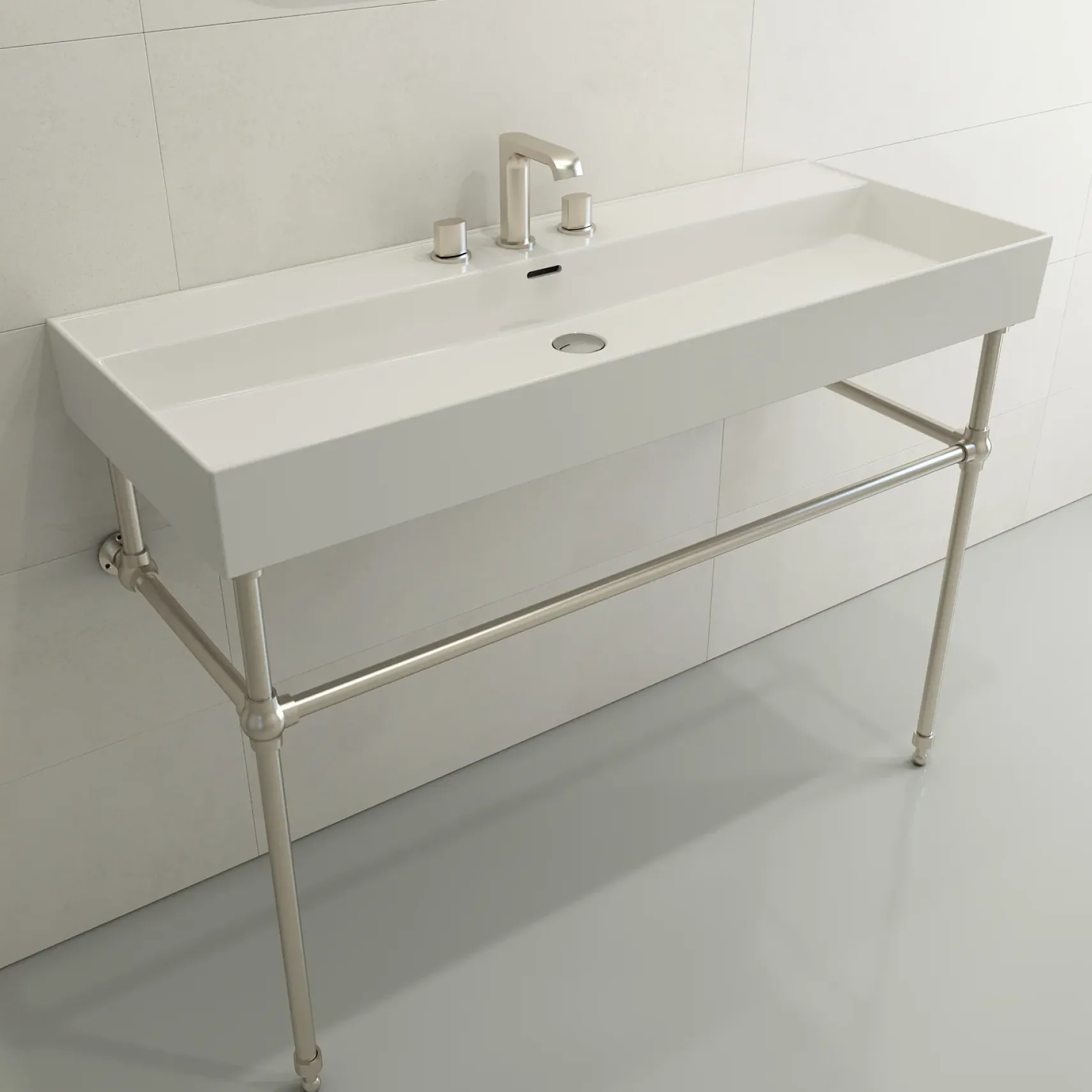 BOCCHI Milano 48" Rectangle Wallmount Fireclay Bathroom Sink, White, 3 Faucet Hole, 1394-001-0127