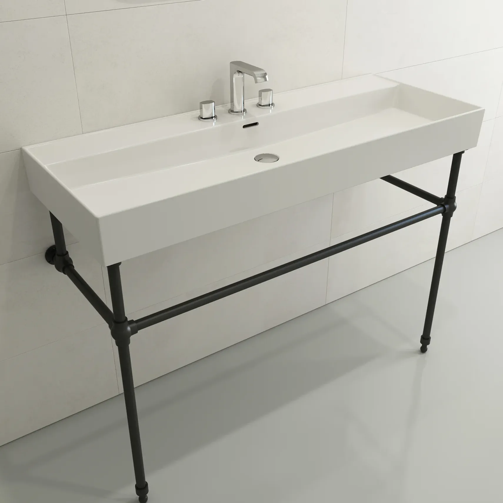 BOCCHI Milano 48" Rectangle Wallmount Fireclay Bathroom Sink, White, 3 Faucet Hole, 1394-001-0127