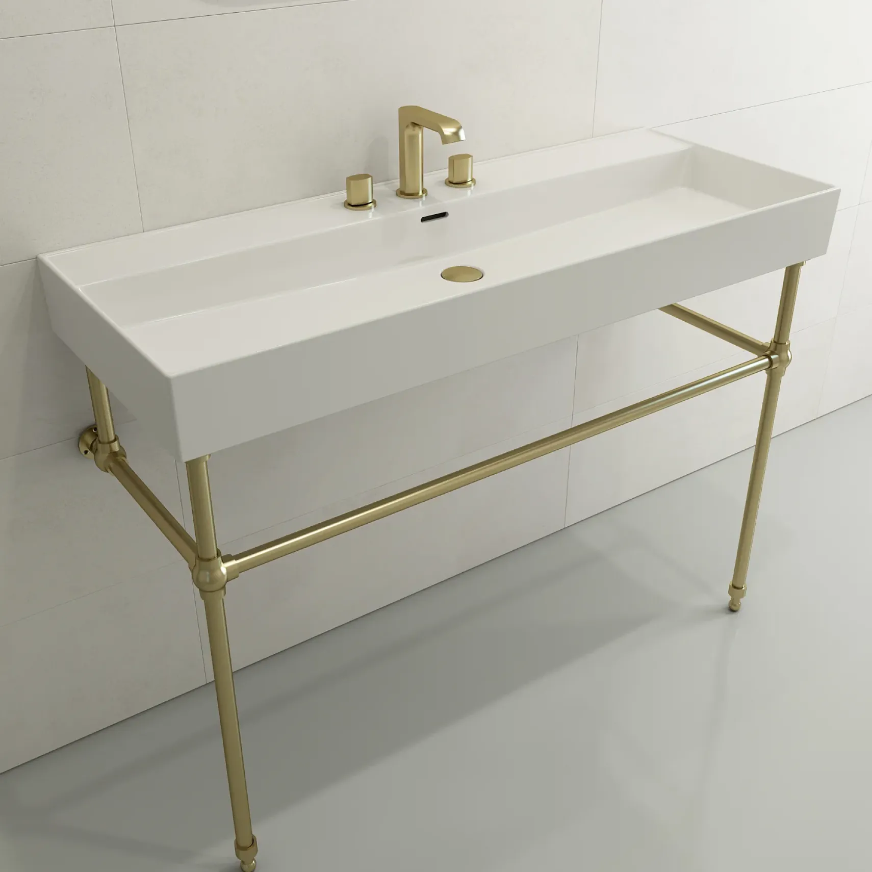 BOCCHI Milano 48" Rectangle Wallmount Fireclay Bathroom Sink, White, 3 Faucet Hole, 1394-001-0127