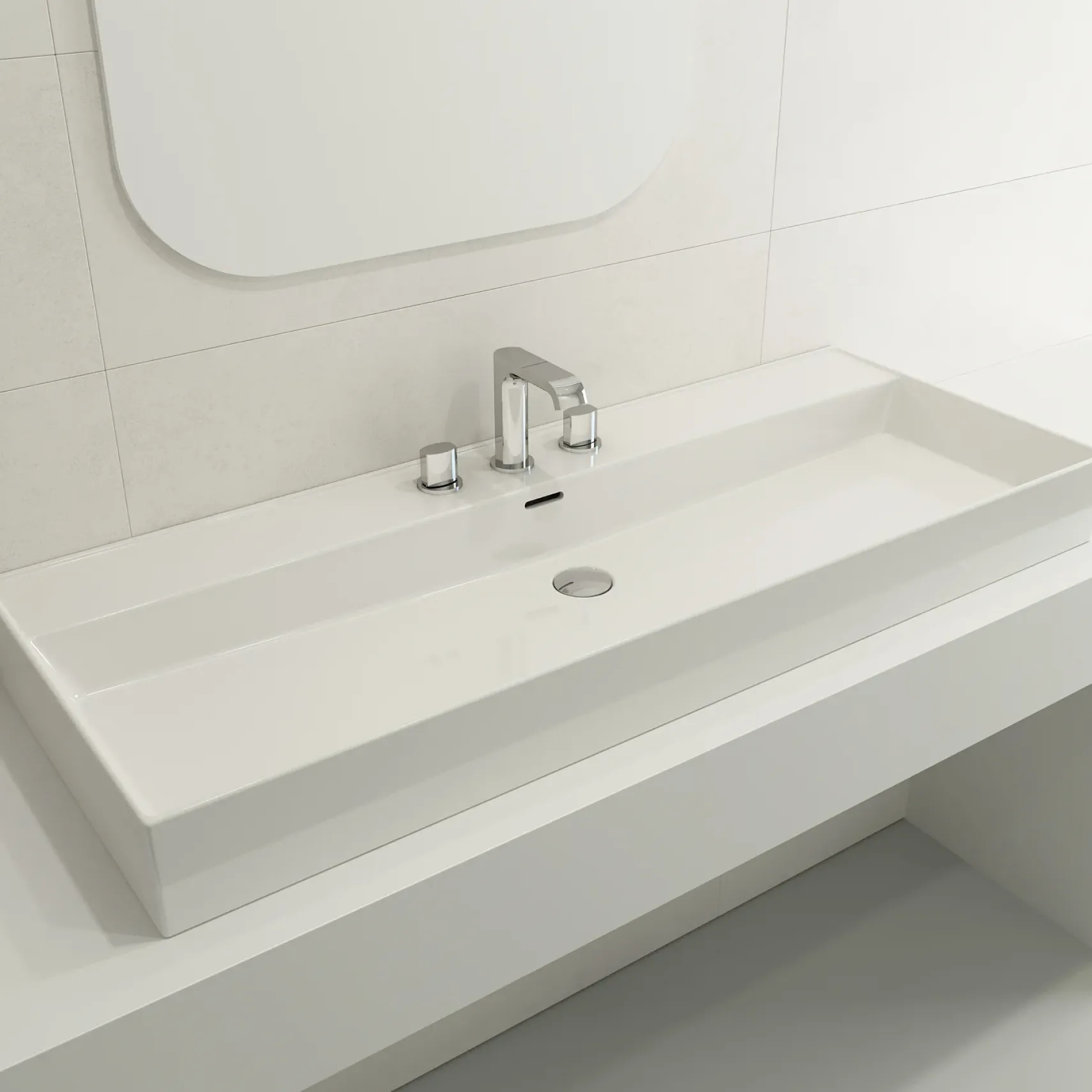 BOCCHI Milano 48" Rectangle Wallmount Fireclay Bathroom Sink, White, 3 Faucet Hole, 1394-001-0127