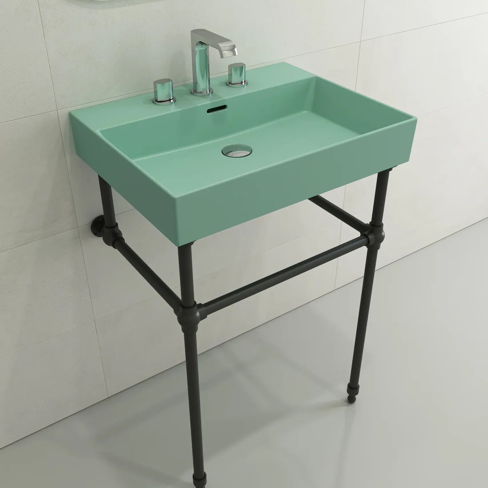 BOCCHI Milano 24" Rectangle Wallmount Fireclay Bathroom Sink, Matte Mint Green, 3 Faucet Hole, 1376-033-0127