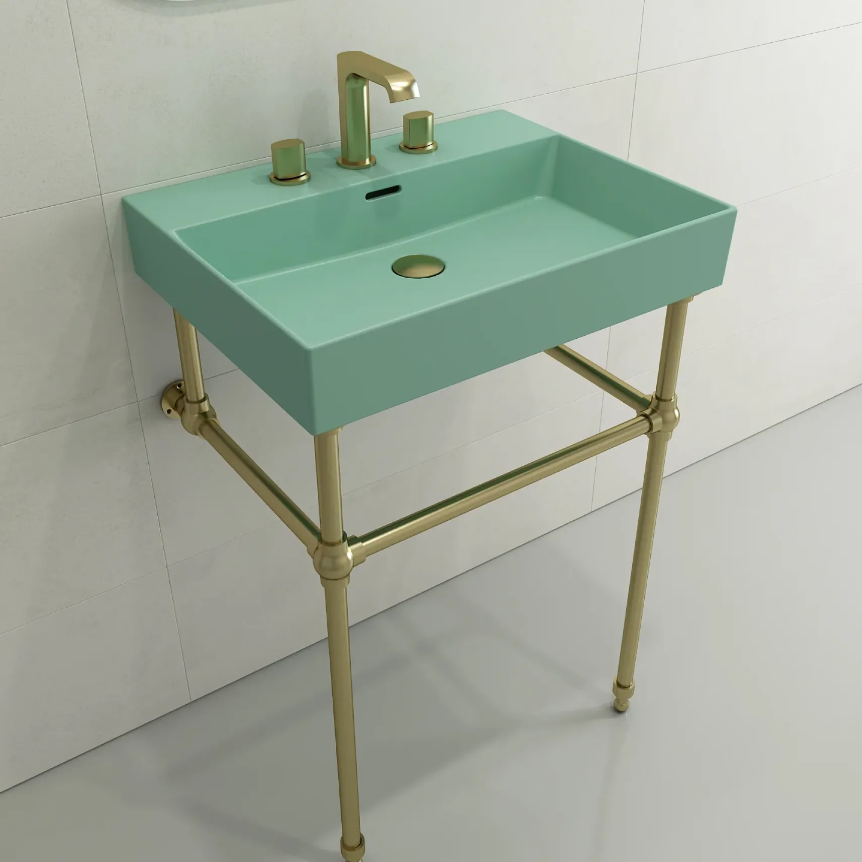 BOCCHI Milano 24" Rectangle Wallmount Fireclay Bathroom Sink, Matte Mint Green, 3 Faucet Hole, 1376-033-0127