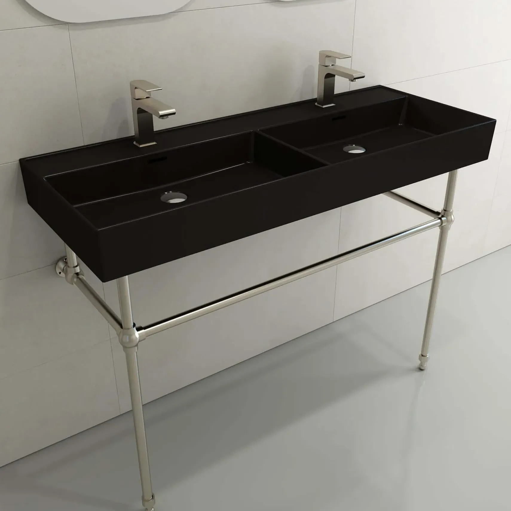BOCCHI Milano 48" Rectangle Wallmount Fireclay Bathroom Sink, Double Basin, Matte Black, Single Faucet Hole, 1393-004-0132