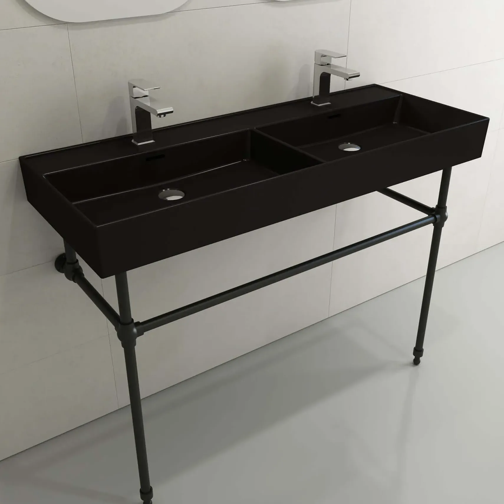 BOCCHI Milano 48" Rectangle Wallmount Fireclay Bathroom Sink, Double Basin, Matte Black, Single Faucet Hole, 1393-004-0132