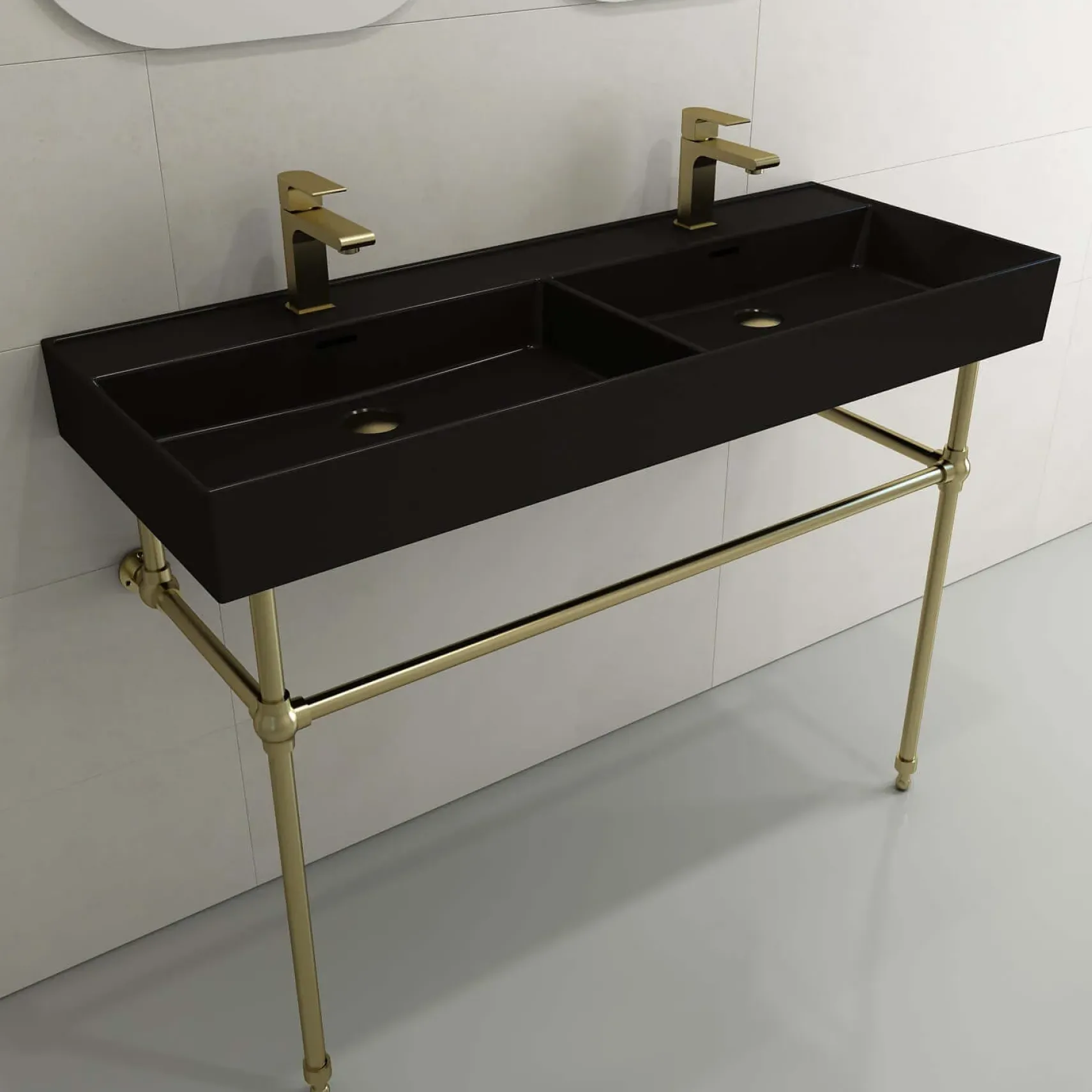 BOCCHI Milano 48" Rectangle Wallmount Fireclay Bathroom Sink, Double Basin, Matte Black, Single Faucet Hole, 1393-004-0132