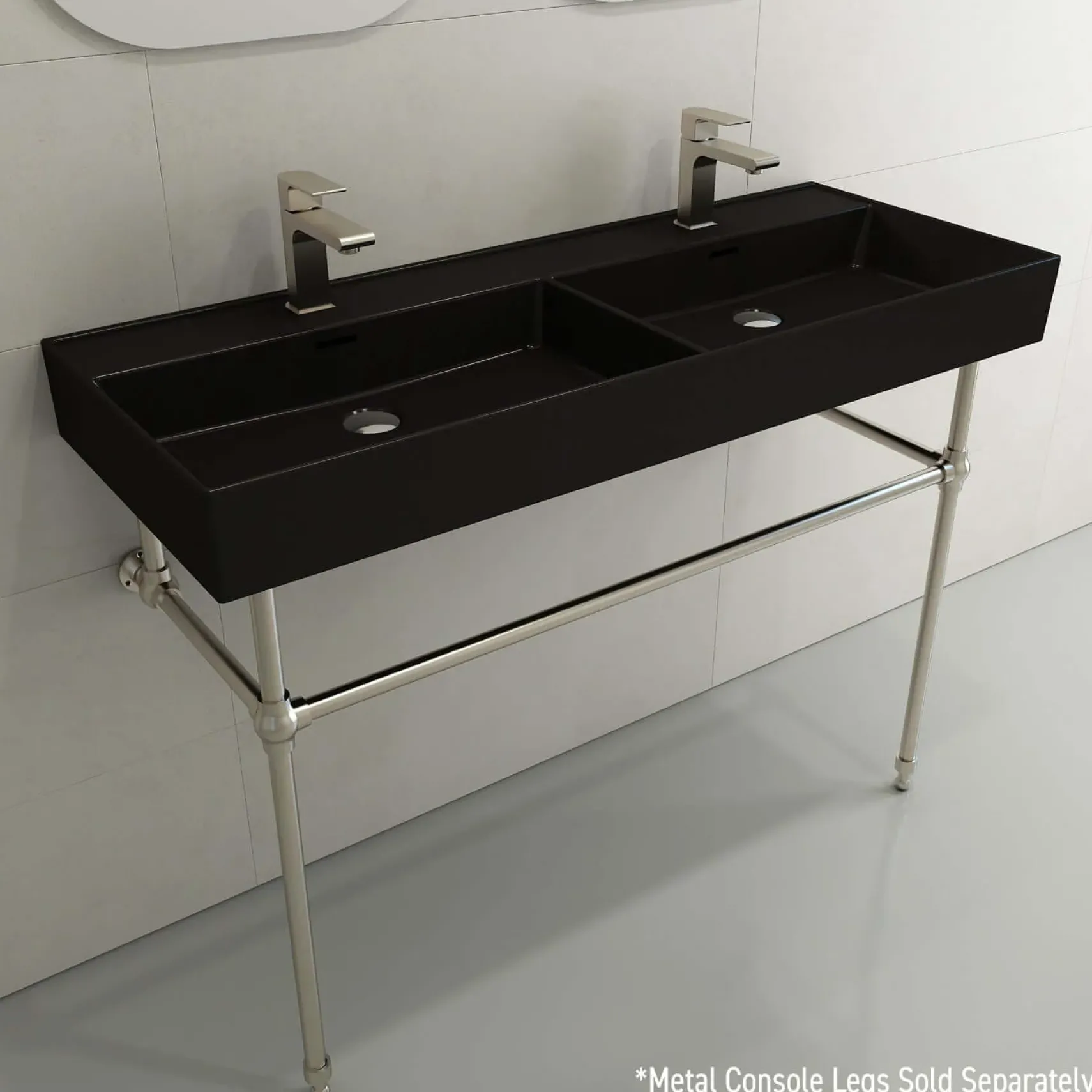 BOCCHI Milano 48" Rectangle Wallmount Fireclay Bathroom Sink, Double Basin, Matte Black, Single Faucet Hole, 1393-004-0132