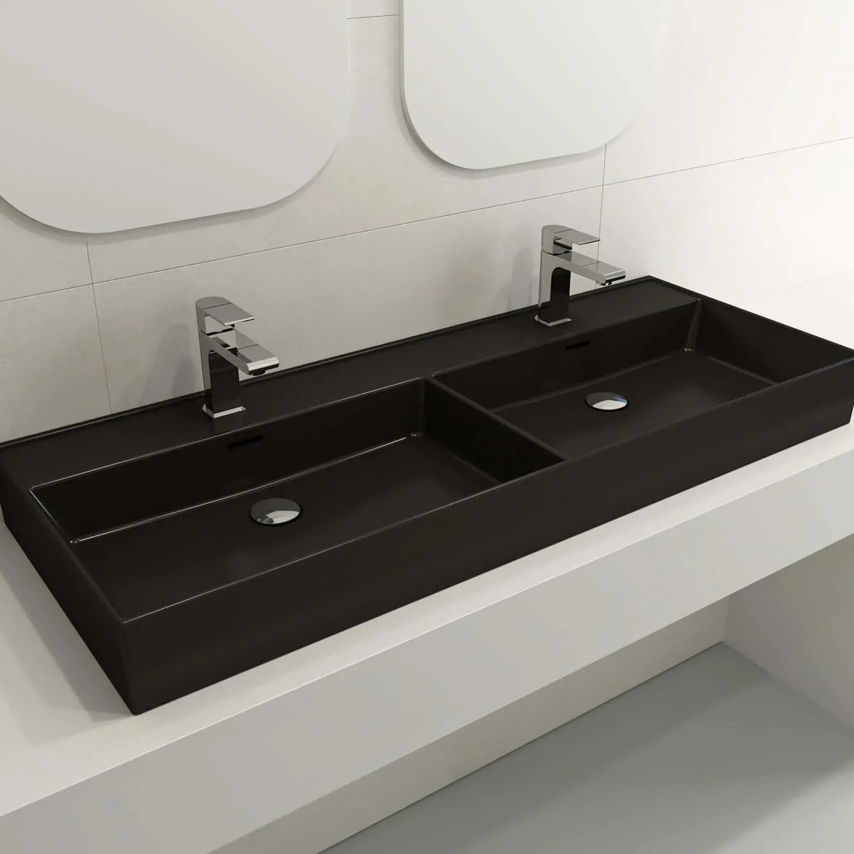 BOCCHI Milano 48" Rectangle Wallmount Fireclay Bathroom Sink, Double Basin, Matte Black, Single Faucet Hole, 1393-004-0132