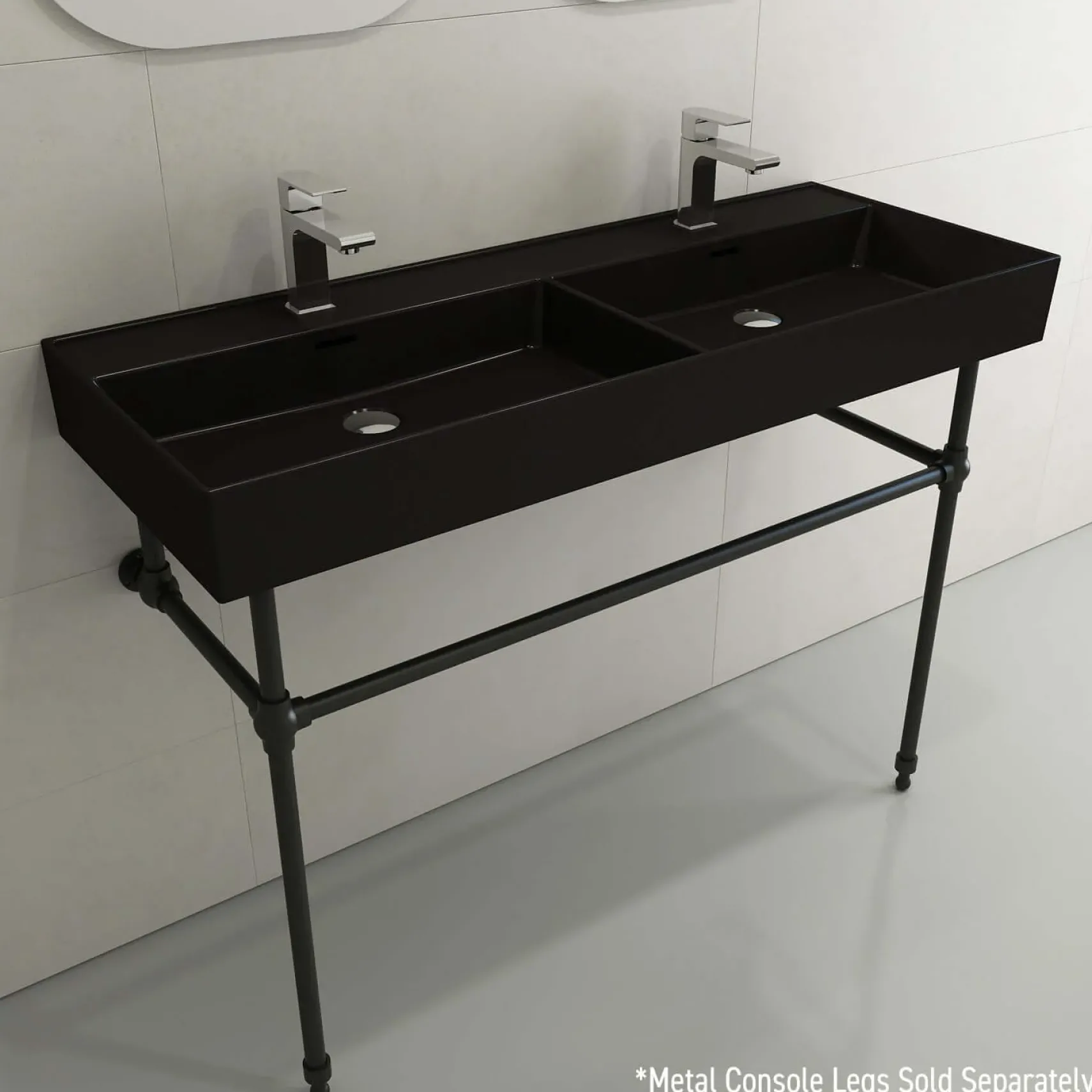 BOCCHI Milano 48" Rectangle Wallmount Fireclay Bathroom Sink, Double Basin, Matte Black, Single Faucet Hole, 1393-004-0132