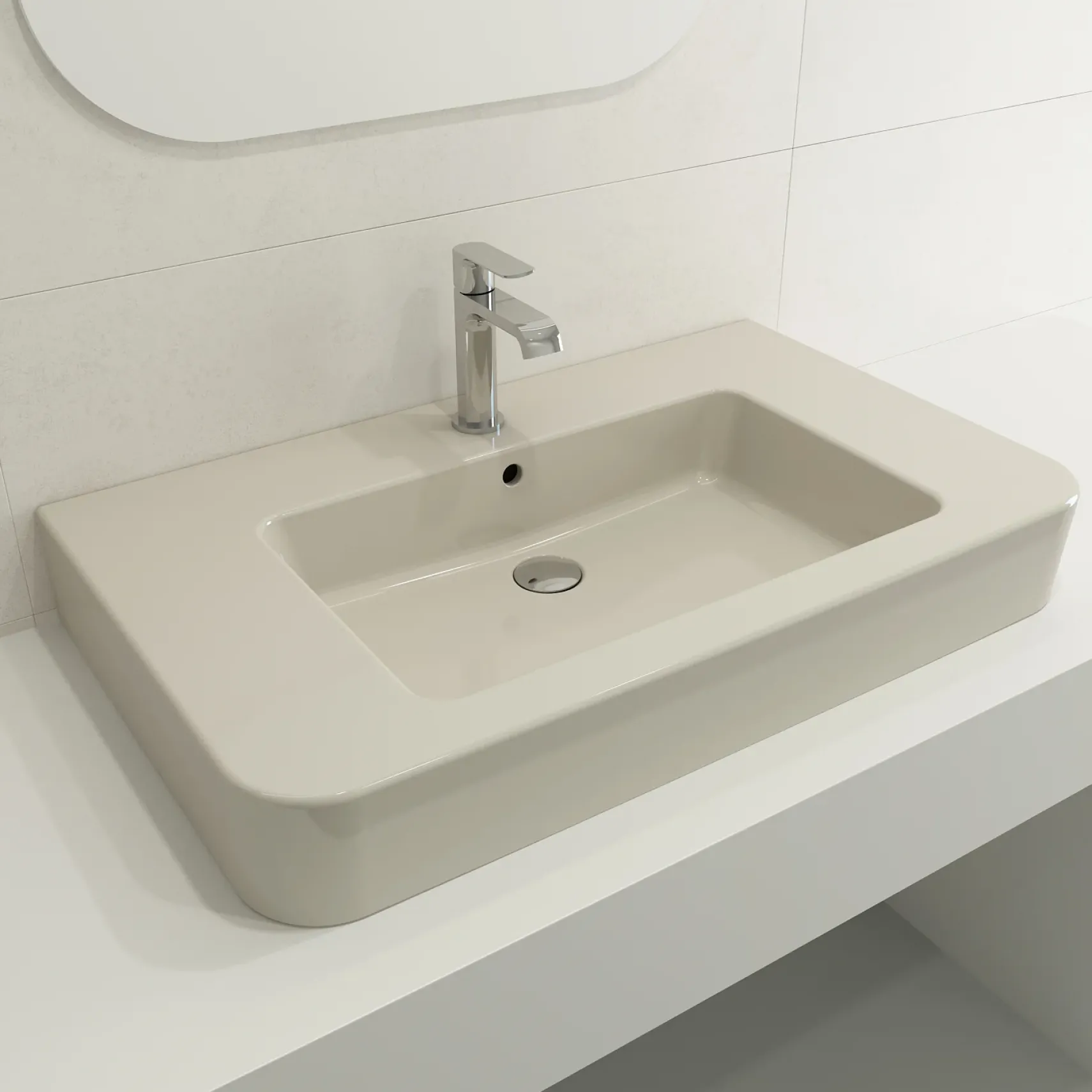 BOCCHI Parma 34" Rectangle Wallmount Fireclay Bathroom Sink, Biscuit, Single Faucet Hole, 1124-014-0126