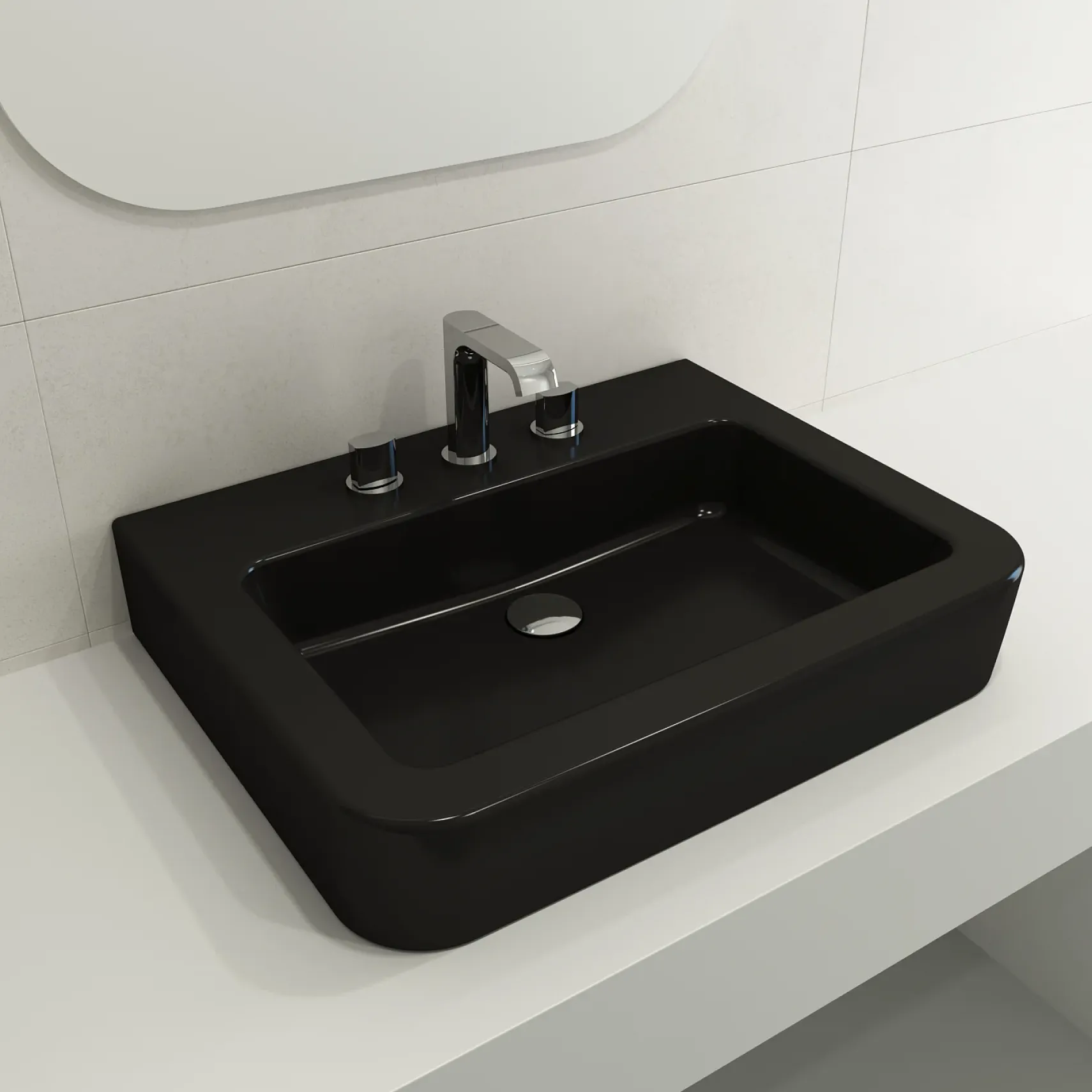 BOCCHI Parma 26" Rectangle Wallmount Fireclay Bathroom Sink, Matte Black, 3 Faucet Hole, 1123-004-0127