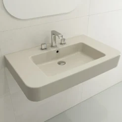 BOCCHI Parma 34" Rectangle Wallmount Fireclay Bathroom Sink, Biscuit, 3 Faucet Hole, 1124-014-0127