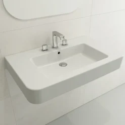 BOCCHI Parma 34" Rectangle Wallmount Fireclay Bathroom Sink, Matte White, 3 Faucet Hole, 1124-002-0127