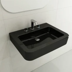 BOCCHI Parma 26" Rectangle Wallmount Fireclay Bathroom Sink, Black, 3 Faucet Hole, 1123-005-0127