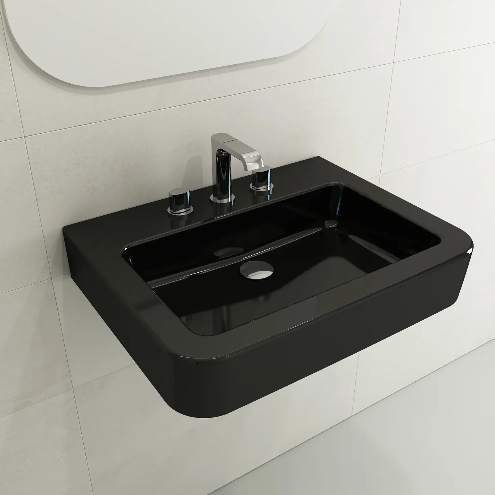 BOCCHI Parma 26" Rectangle Wallmount Fireclay Bathroom Sink, Black, 3 Faucet Hole, 1123-005-0127