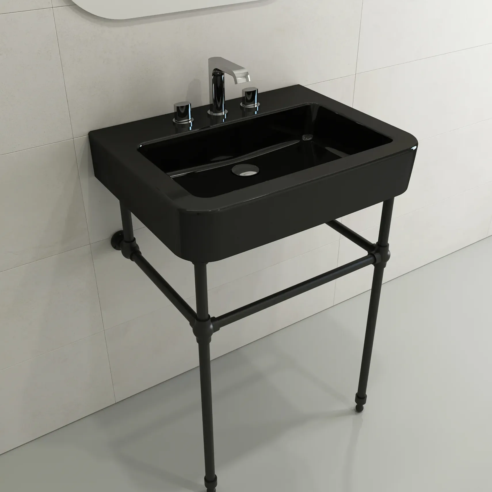 BOCCHI Parma 26" Rectangle Wallmount Fireclay Bathroom Sink, Black, 3 Faucet Hole, 1123-005-0127