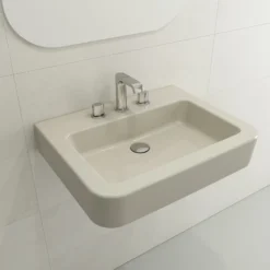 BOCCHI Parma 26" Rectangle Wallmount Fireclay Bathroom Sink, Biscuit, 3 Faucet Hole, 1123-014-0127