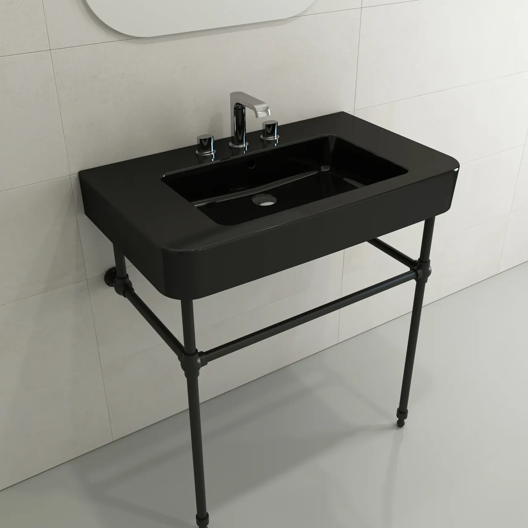 BOCCHI Parma 34" Rectangle Wallmount Fireclay Bathroom Sink, Black, 3 Faucet Hole, 1124-005-0127