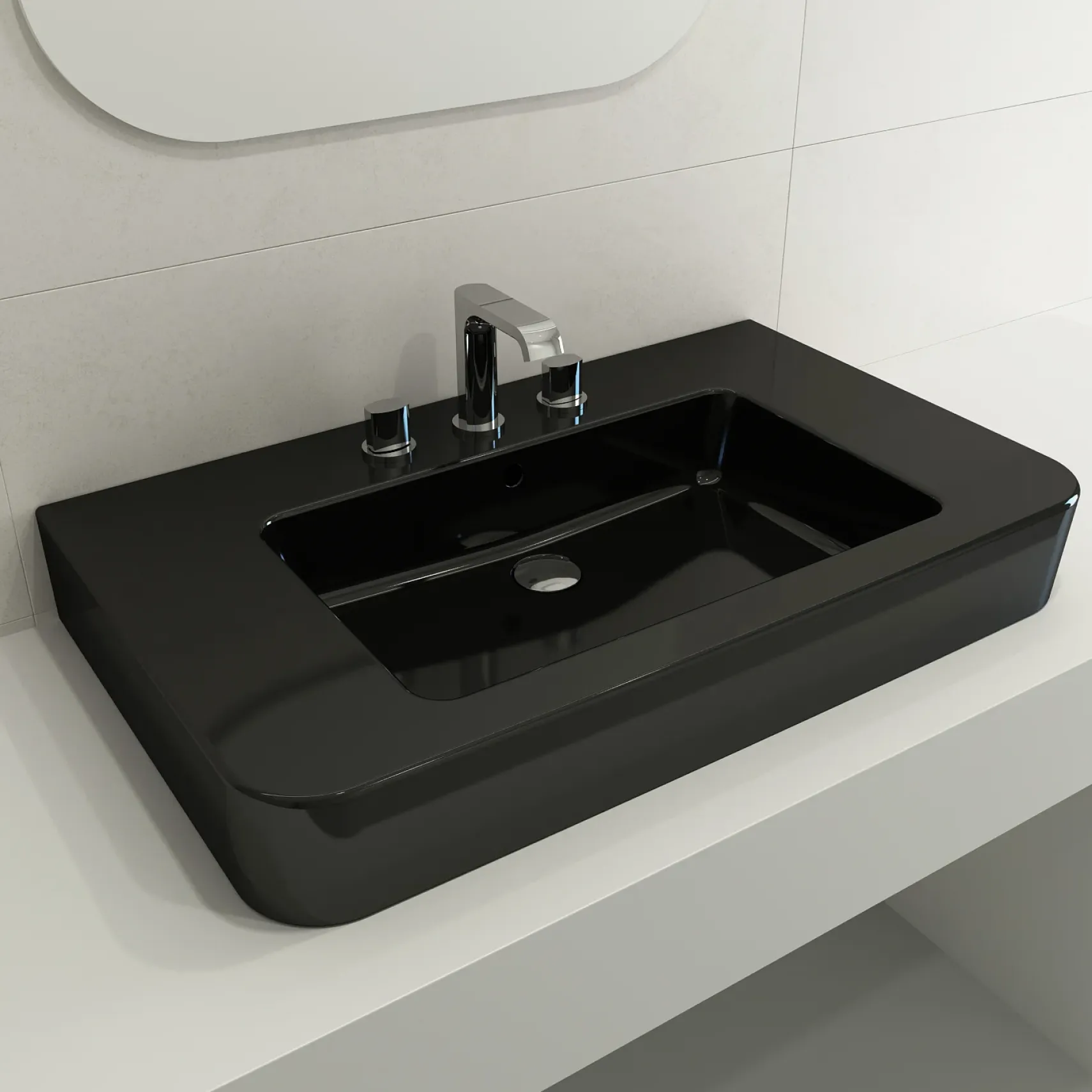 BOCCHI Parma 34" Rectangle Wallmount Fireclay Bathroom Sink, Black, 3 Faucet Hole, 1124-005-0127