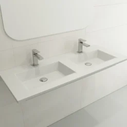BOCCHI Ravenna 48" Rectangle Wallmount Fireclay Bathroom Sink, Double Basin, Matte White, Single Faucet Hole, 1111-002-0132