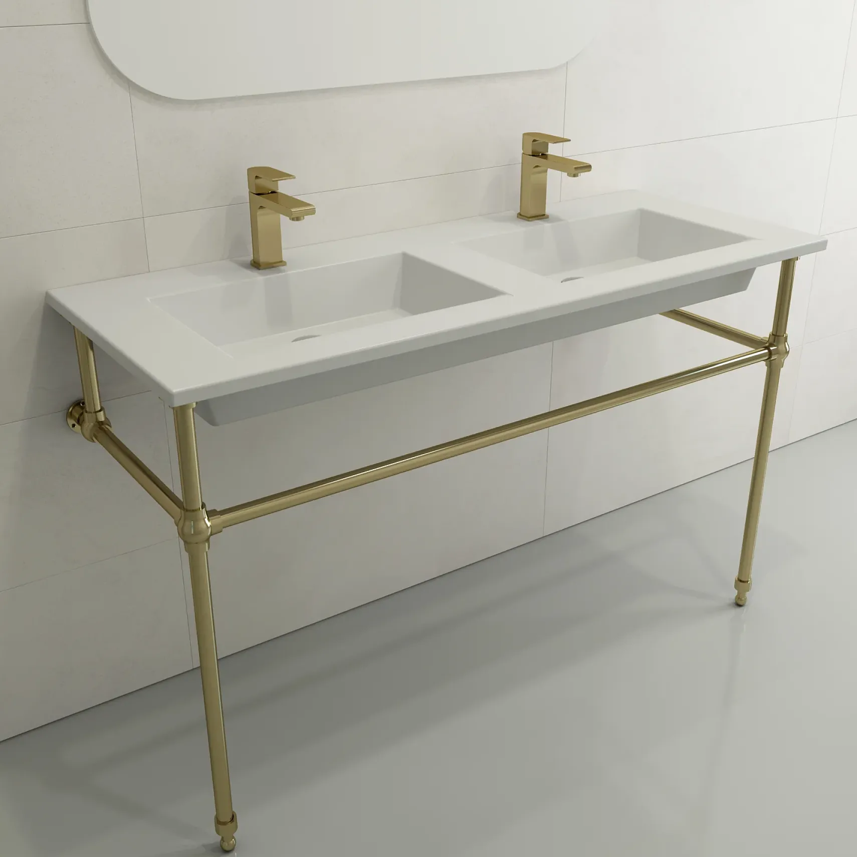 BOCCHI Ravenna 48" Rectangle Wallmount Fireclay Bathroom Sink, Double Basin, Matte White, Single Faucet Hole, 1111-002-0132