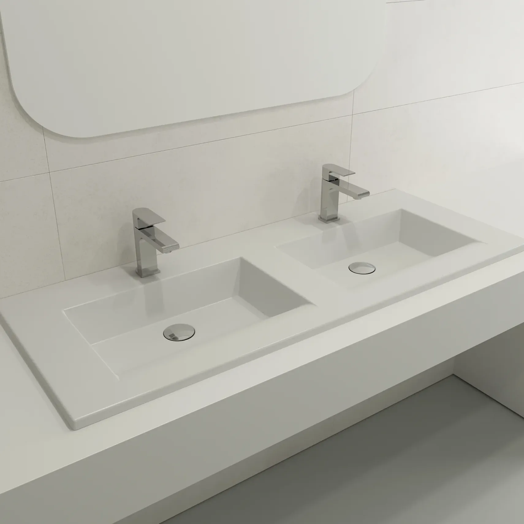 BOCCHI Ravenna 48" Rectangle Wallmount Fireclay Bathroom Sink, Double Basin, Matte White, Single Faucet Hole, 1111-002-0132