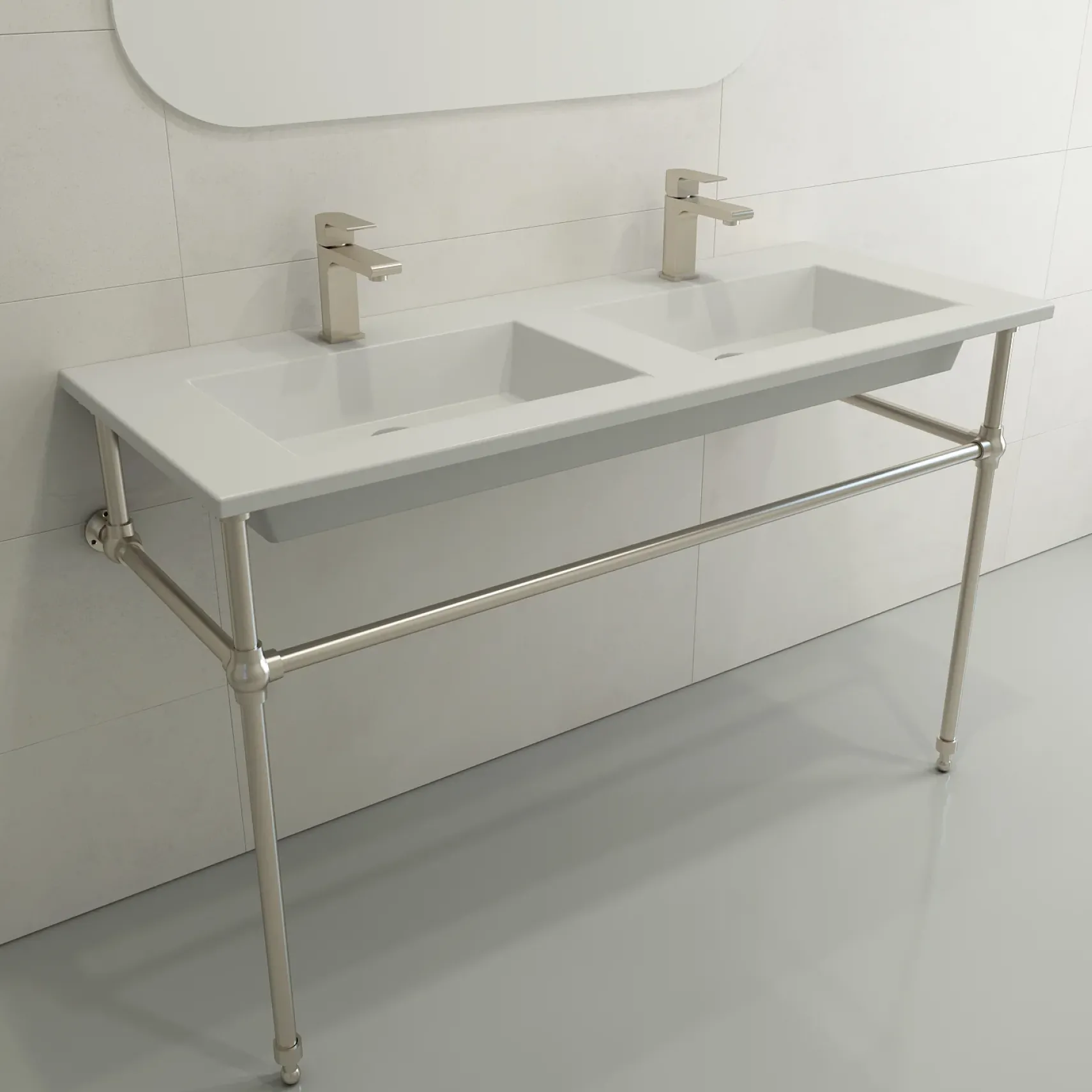 BOCCHI Ravenna 48" Rectangle Wallmount Fireclay Bathroom Sink, Double Basin, Matte White, Single Faucet Hole, 1111-002-0132