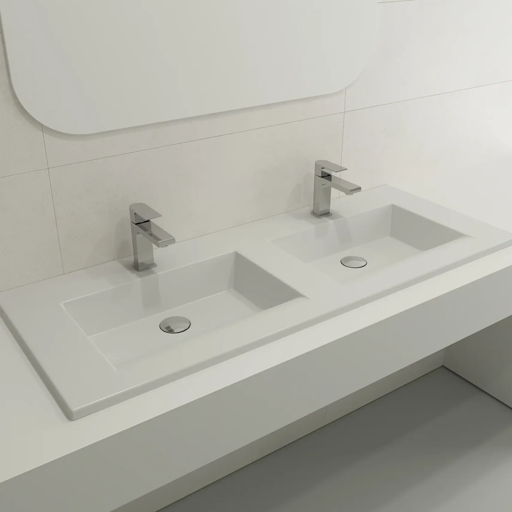 BOCCHI Ravenna 48" Rectangle Wallmount Fireclay Bathroom Sink, Double Basin, Matte White, Single Faucet Hole, 1111-002-0132
