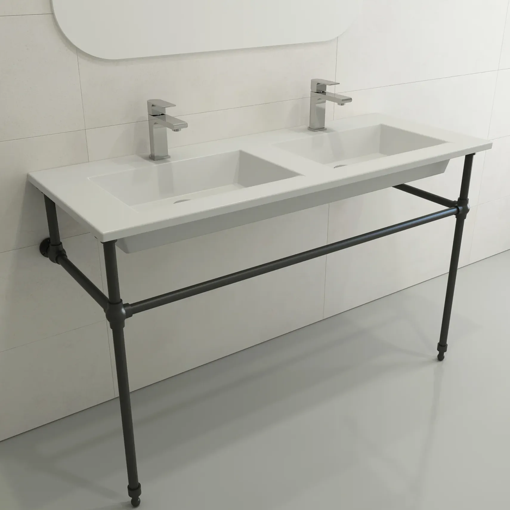 BOCCHI Ravenna 48" Rectangle Wallmount Fireclay Bathroom Sink, Double Basin, Matte White, Single Faucet Hole, 1111-002-0132