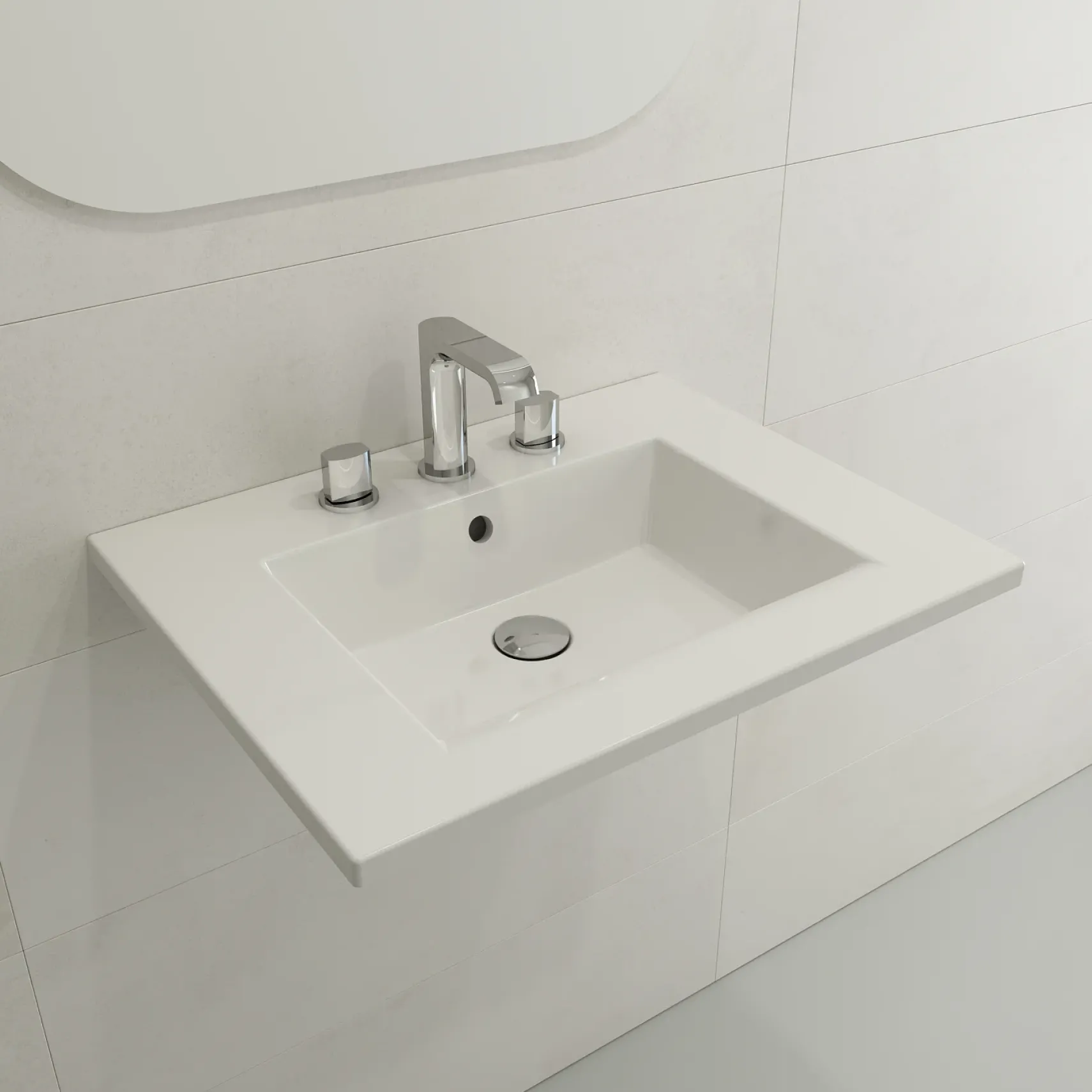 BOCCHI Ravenna 25" Rectangle Wallmount Fireclay Bathroom Sink, White, 3 Faucet Hole, 1161-001-0127