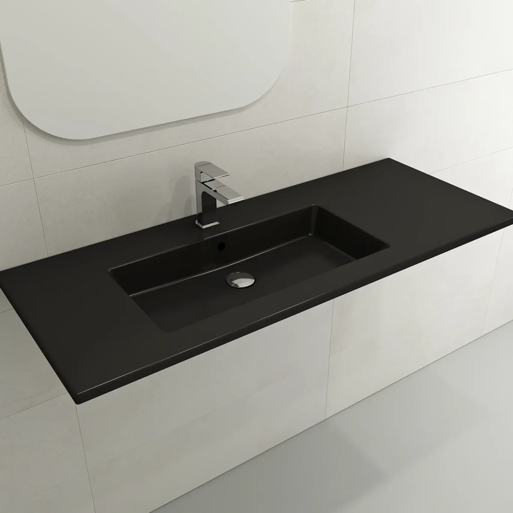 BOCCHI Ravenna 48" Rectangle Wallmount Fireclay Bathroom Sink, Matte Black , Single Faucet Hole, 1305-004-0126