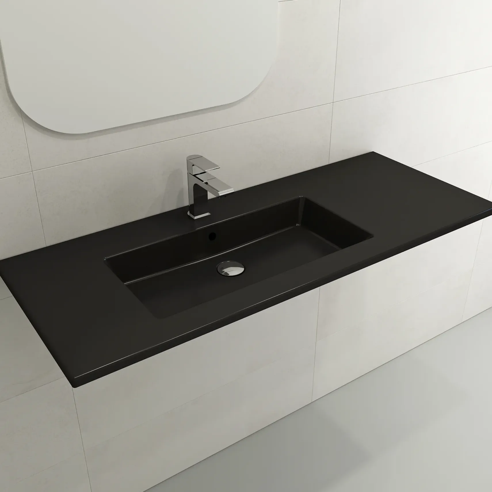 BOCCHI Ravenna 48" Rectangle Wallmount Fireclay Bathroom Sink, Matte Black , Single Faucet Hole, 1305-004-0126