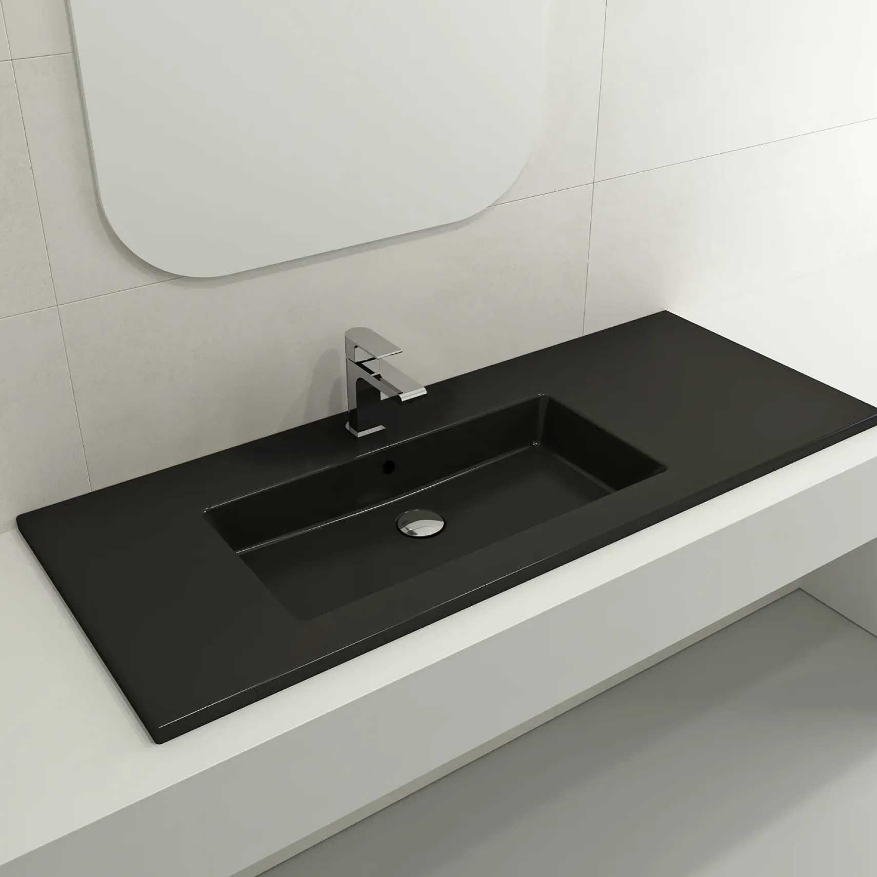 BOCCHI Ravenna 48" Rectangle Wallmount Fireclay Bathroom Sink, Matte Black , Single Faucet Hole, 1305-004-0126