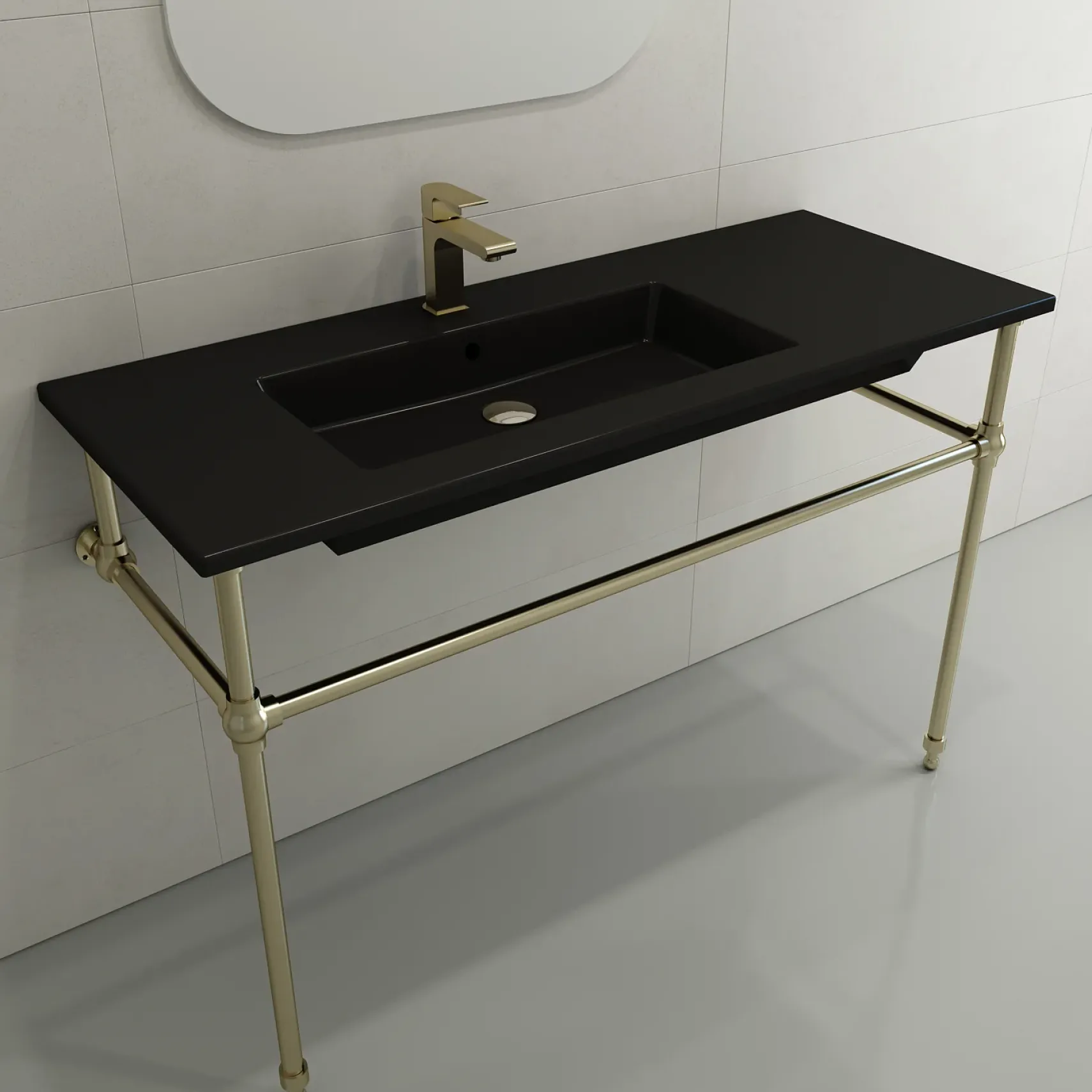 BOCCHI Ravenna 48" Rectangle Wallmount Fireclay Bathroom Sink, Matte Black , Single Faucet Hole, 1305-004-0126