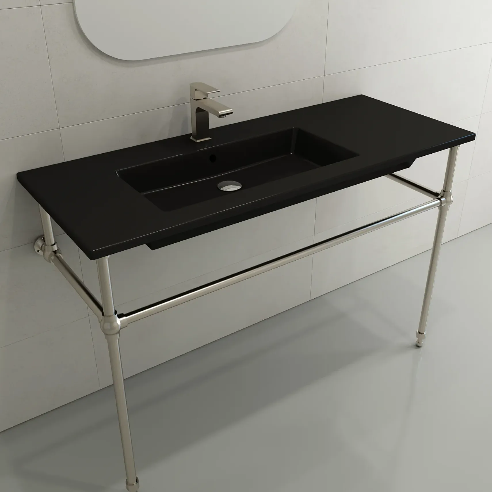 BOCCHI Ravenna 48" Rectangle Wallmount Fireclay Bathroom Sink, Matte Black , Single Faucet Hole, 1305-004-0126