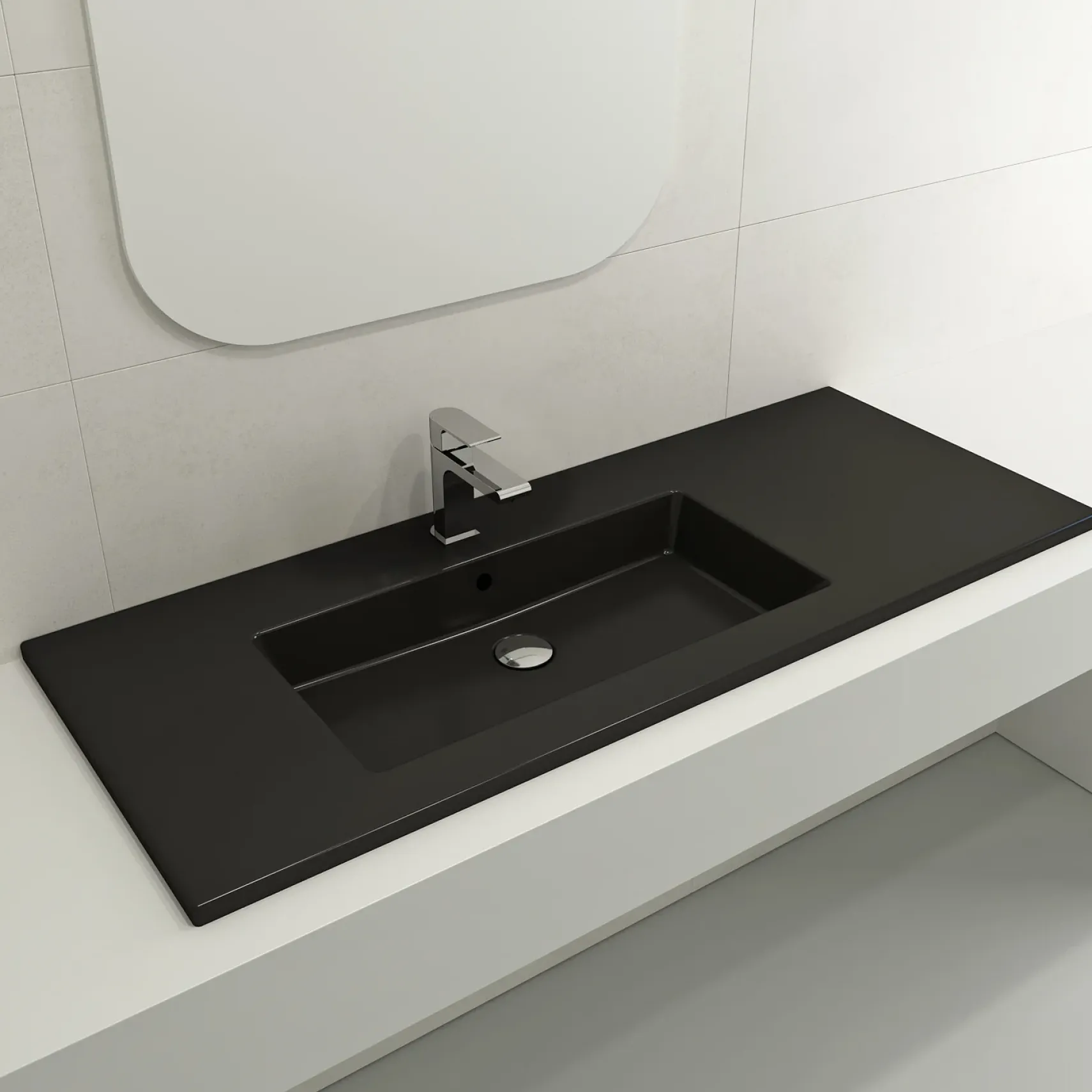 BOCCHI Ravenna 48" Rectangle Wallmount Fireclay Bathroom Sink, Matte Black , Single Faucet Hole, 1305-004-0126