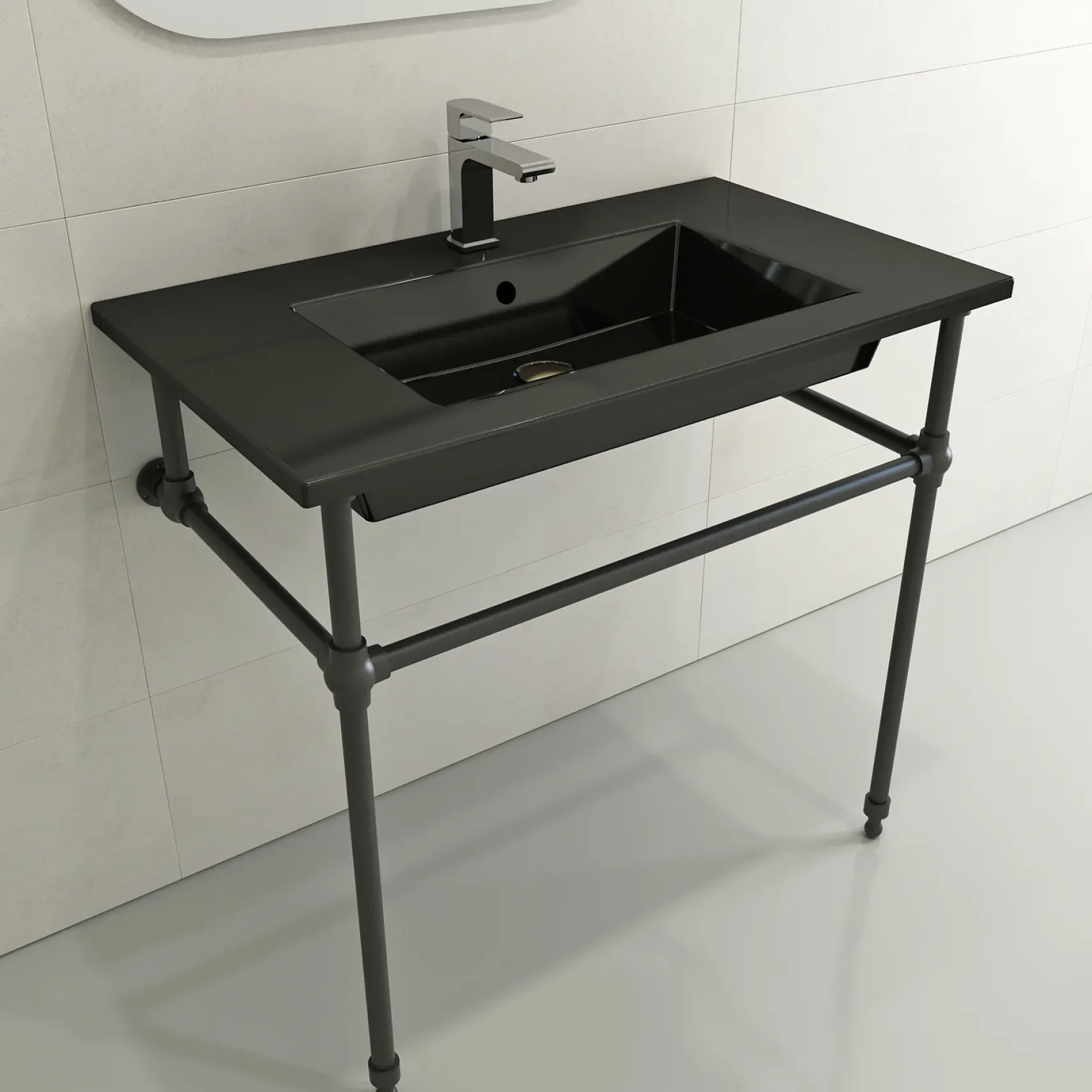 BOCCHI Ravenna 32" Rectangle Wallmount Fireclay Bathroom Sink, Black, Single Faucet Hole, 1113-005-0126