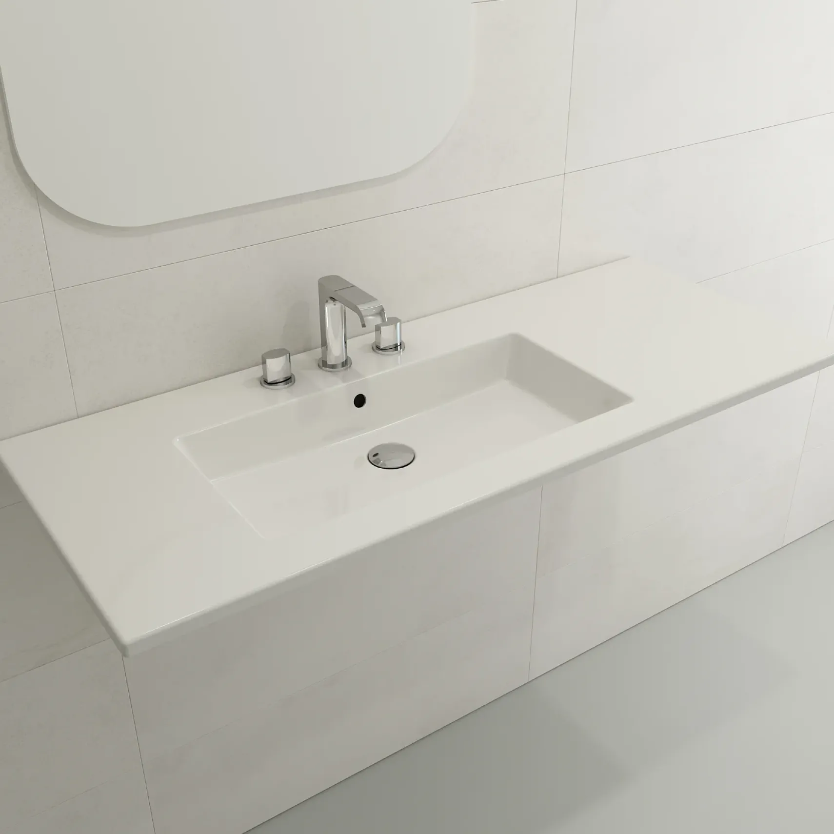 BOCCHI Ravenna 48" Rectangle Wallmount Fireclay Bathroom Sink, White, 3 Faucet Hole, 1305-001-0127