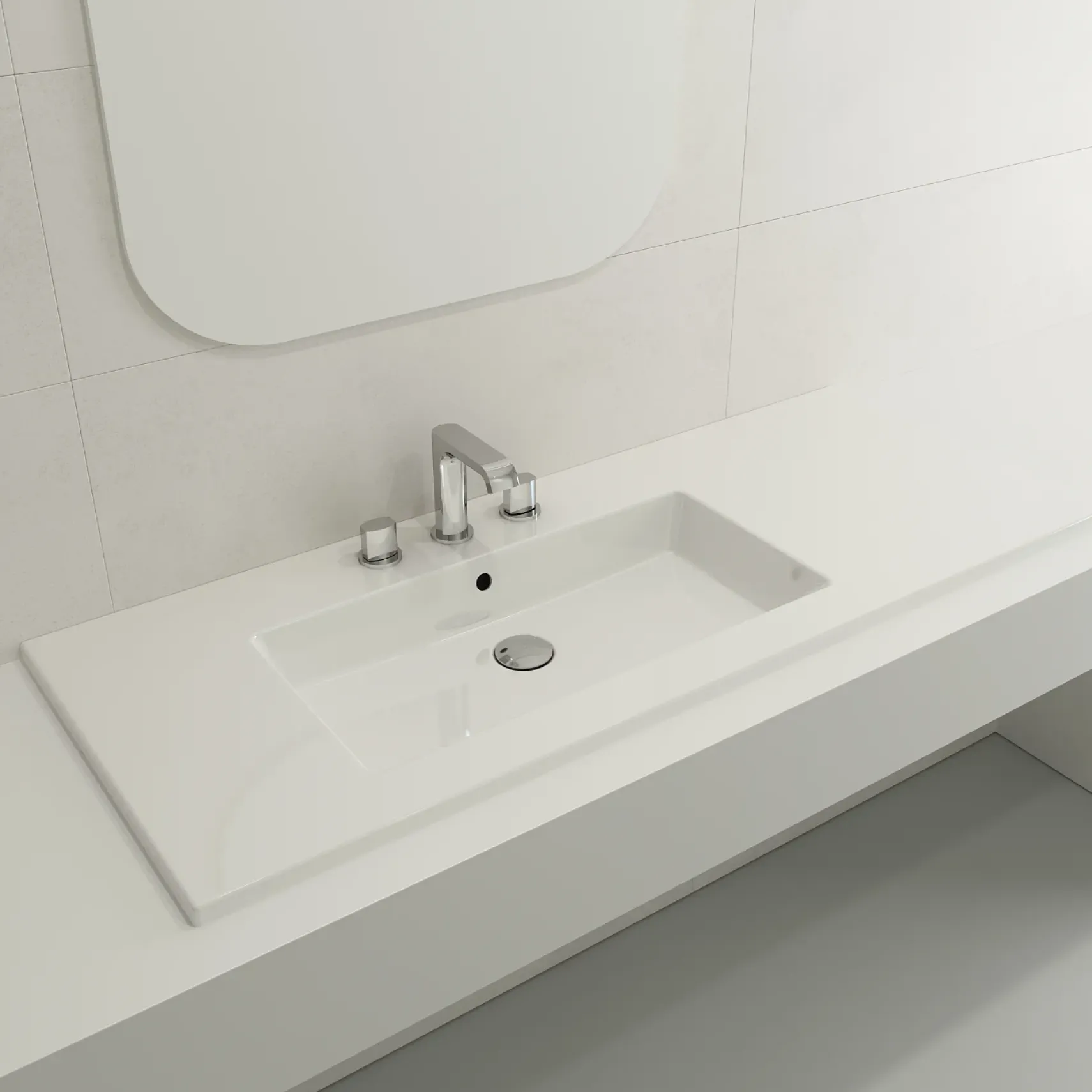 BOCCHI Ravenna 48" Rectangle Wallmount Fireclay Bathroom Sink, White, 3 Faucet Hole, 1305-001-0127