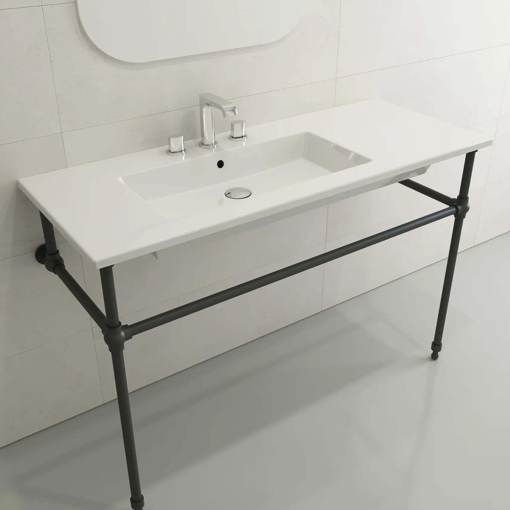BOCCHI Ravenna 48" Rectangle Wallmount Fireclay Bathroom Sink, White, 3 Faucet Hole, 1305-001-0127