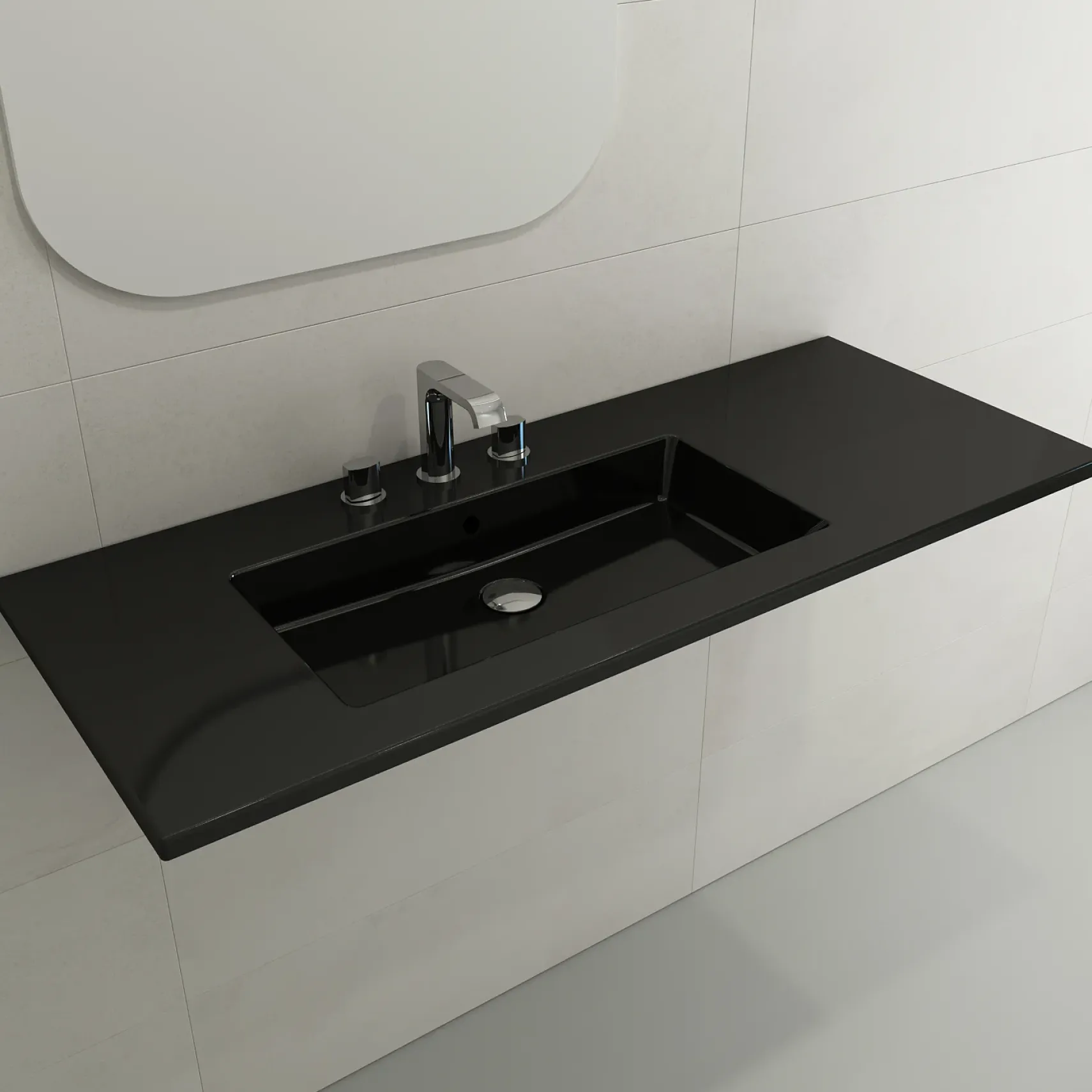 BOCCHI Ravenna 48" Rectangle Wallmount Fireclay Bathroom Sink, Black, 3 Faucet Hole, 1305-005-0127
