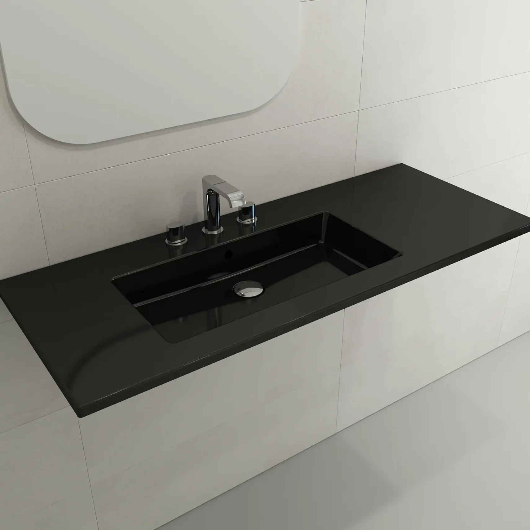 BOCCHI Ravenna 48" Rectangle Wallmount Fireclay Bathroom Sink, Black, 3 Faucet Hole, 1305-005-0127