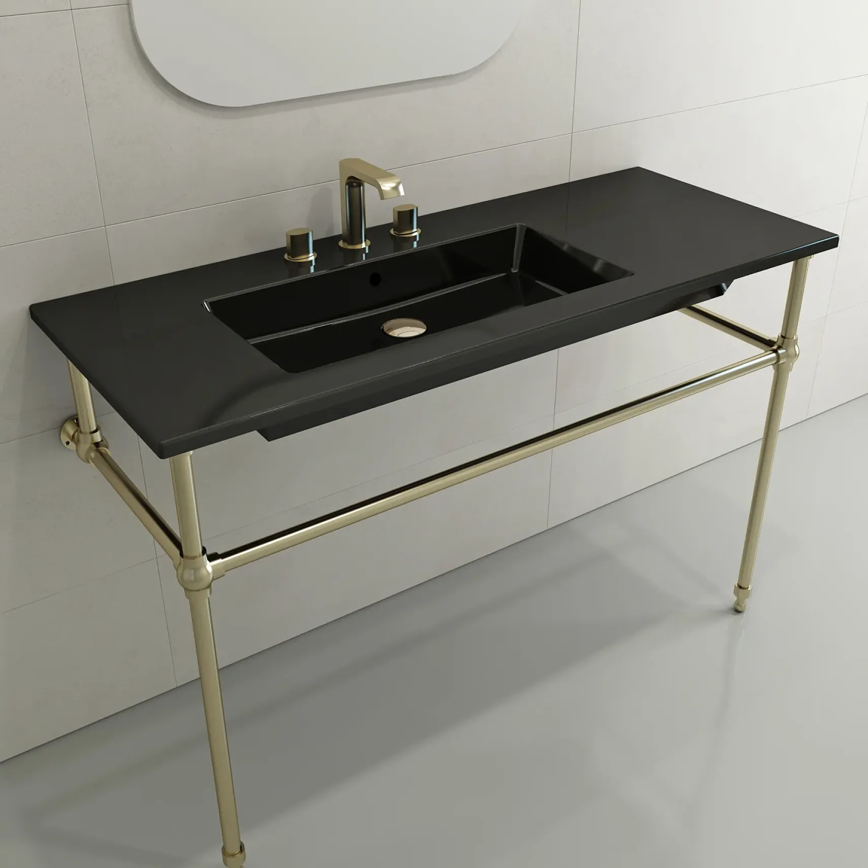 BOCCHI Ravenna 48" Rectangle Wallmount Fireclay Bathroom Sink, Black, 3 Faucet Hole, 1305-005-0127