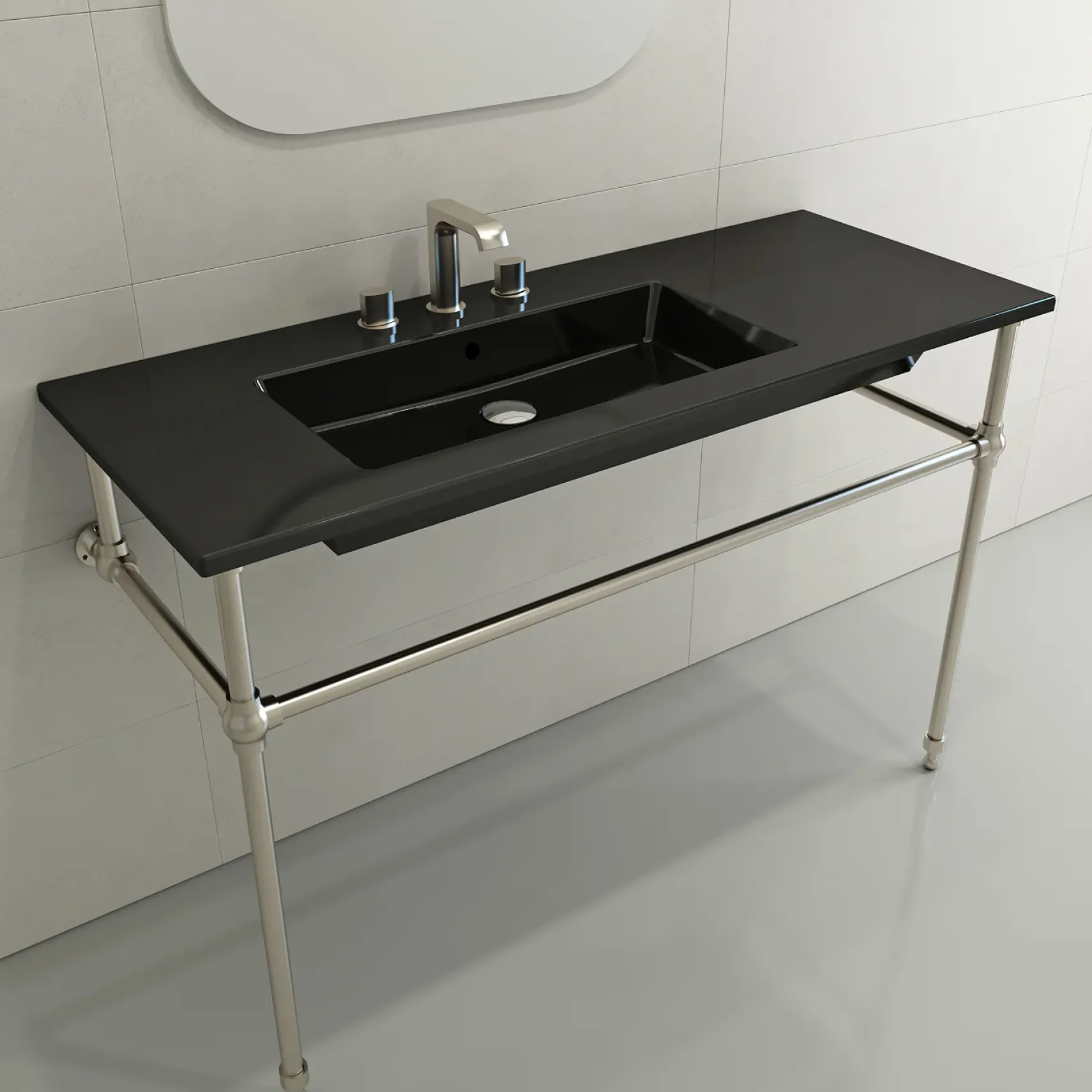 BOCCHI Ravenna 48" Rectangle Wallmount Fireclay Bathroom Sink, Black, 3 Faucet Hole, 1305-005-0127